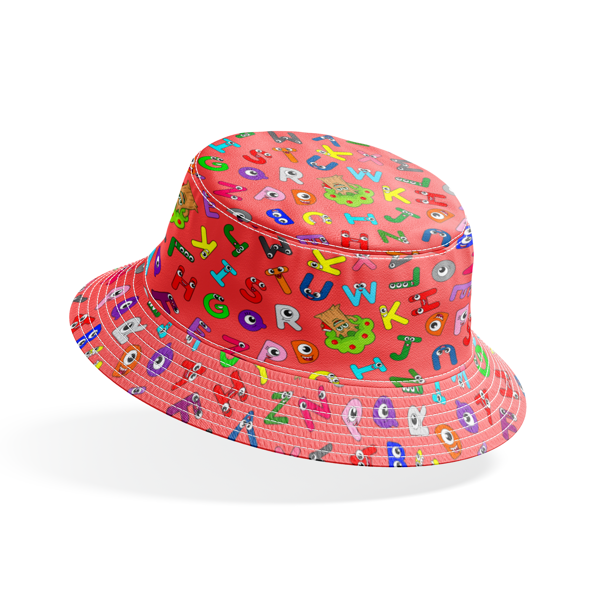 Colorful alphabet pattern with cartoon letter characters on bright pink background bucket hat mockup