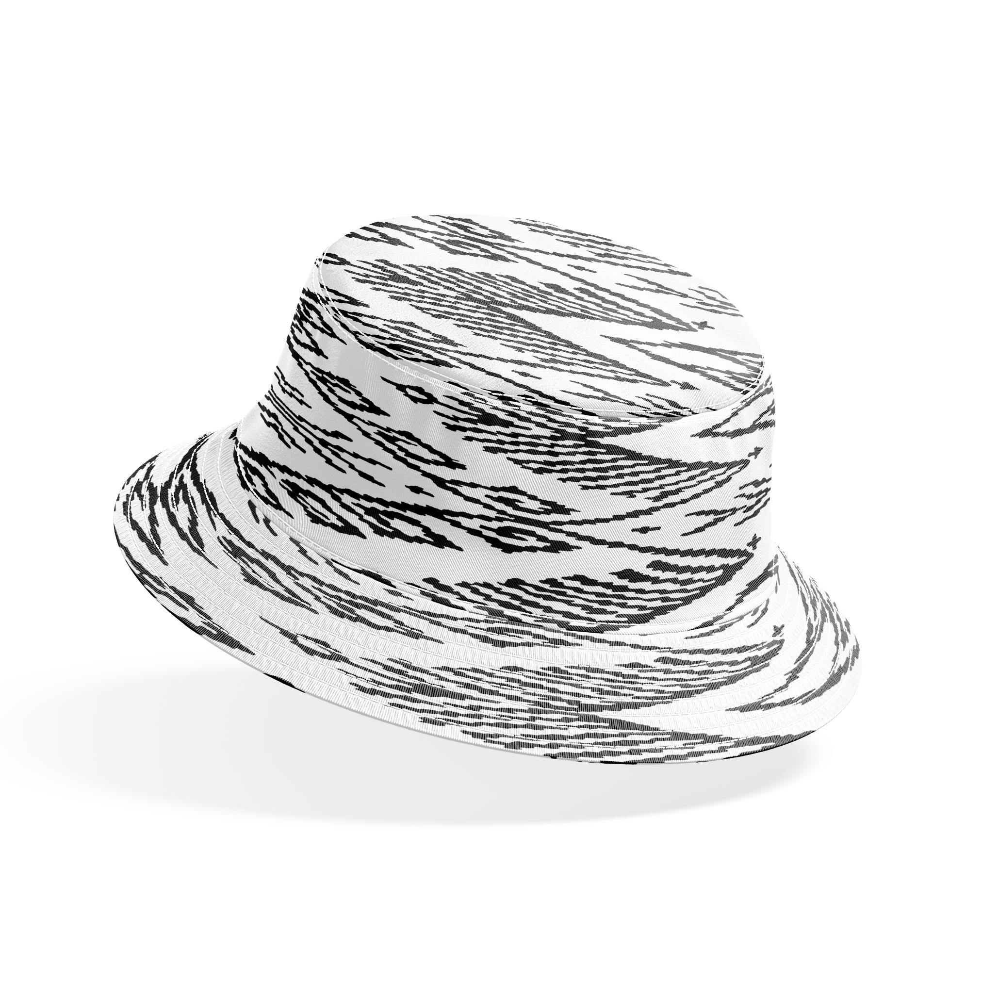 Black and white geometric pattern with diamond shapes and zigzag motifs on a textile surface bucket hat mockup
