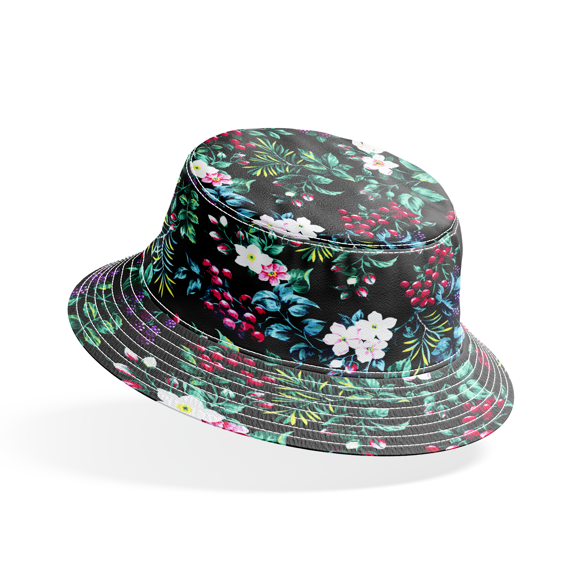 Colorful botanical pattern with white flowers, red cherries, purple blackberries, and green leaves on black background bucket hat mockup