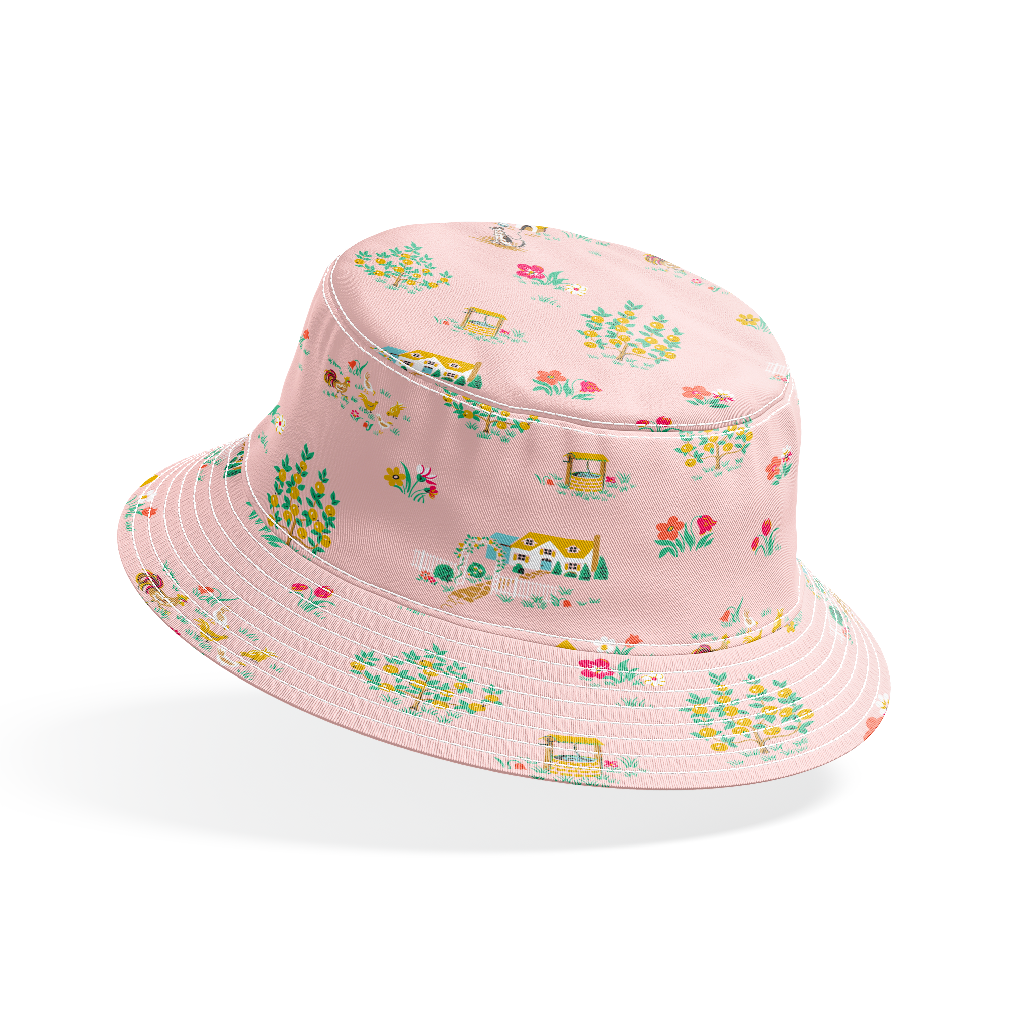 Whimsical pink pattern with cottages, flower bouquets, and garden scenes in yellow and coral bucket hat mockup