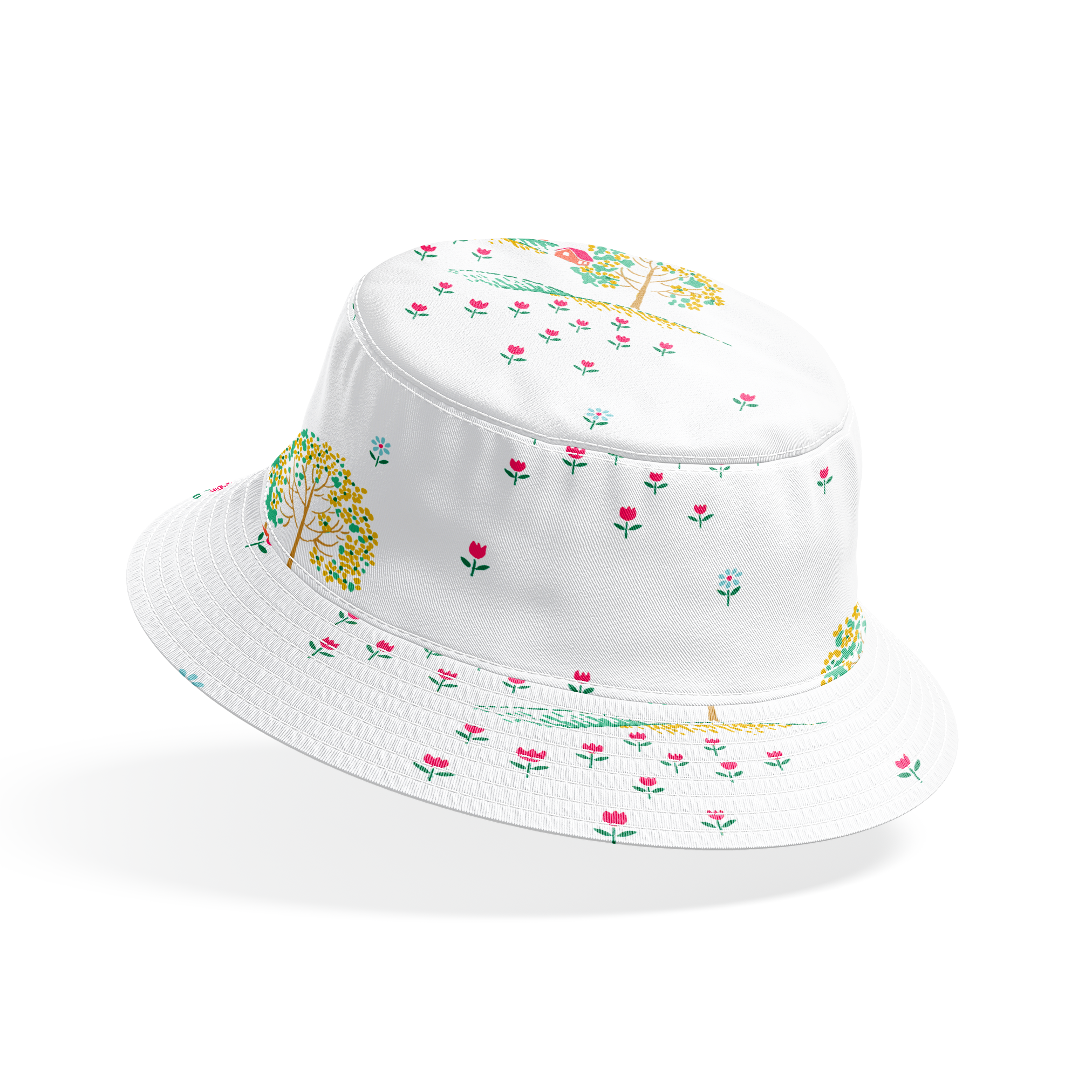 Whimsical pattern of colorful trees on small hills with scattered tiny flowers on a white background bucket hat mockup