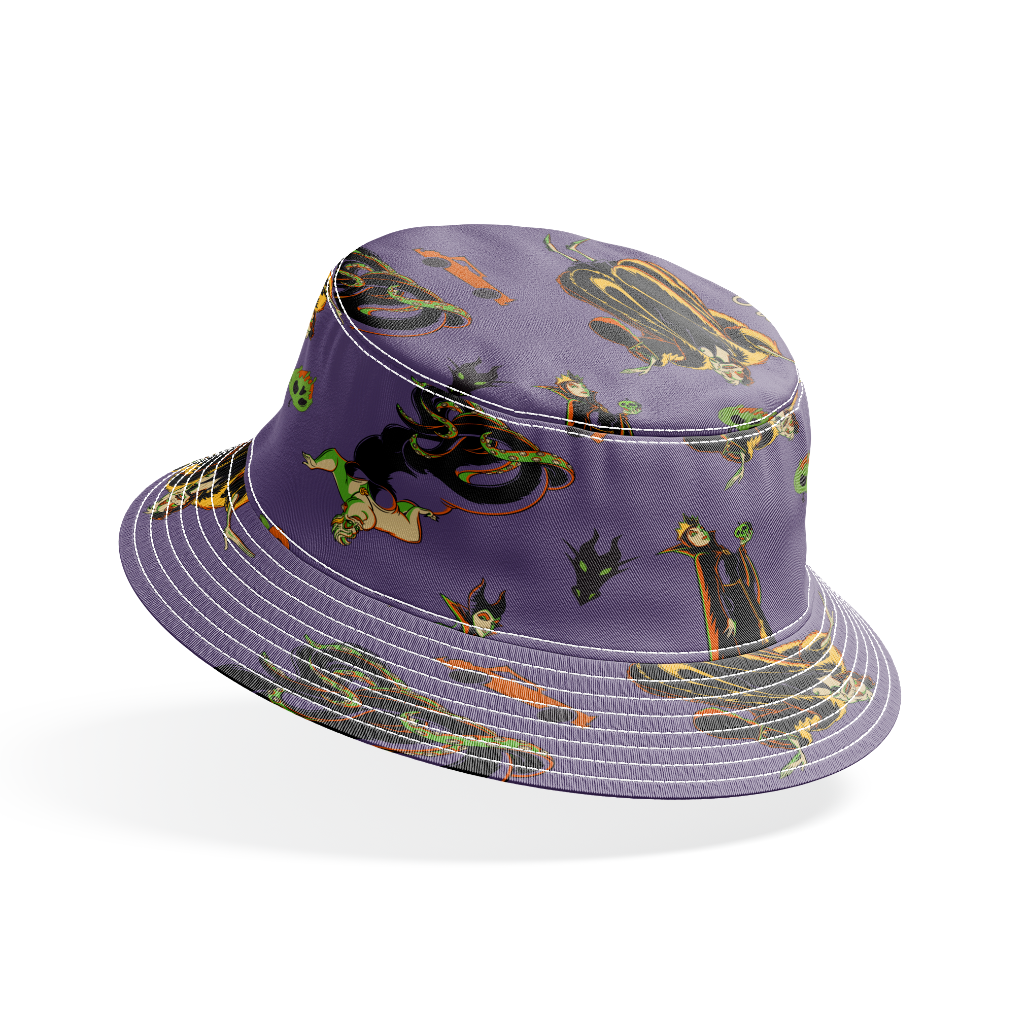 Cartoon villains pattern featuring Maleficent and other Disney antagonists on purple background bucket hat mockup