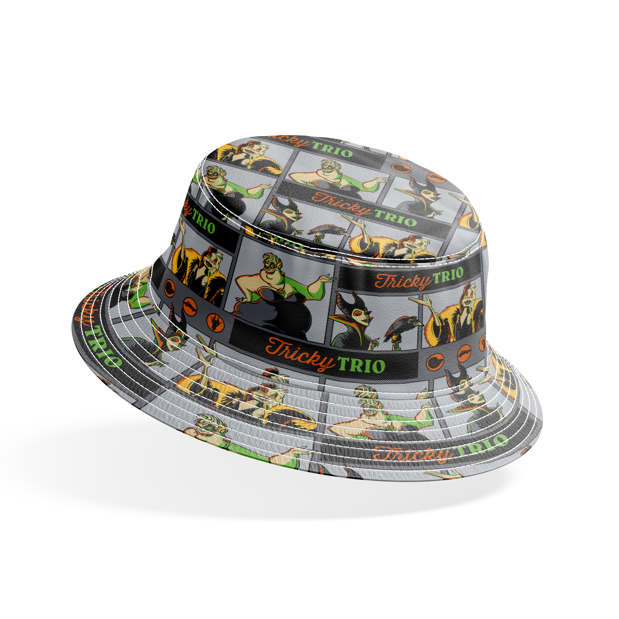 Cartoon-style villains "Tricky Trio" pattern with Maleficent, Cruella, and Ursula in green and orange text bucket hat mockup