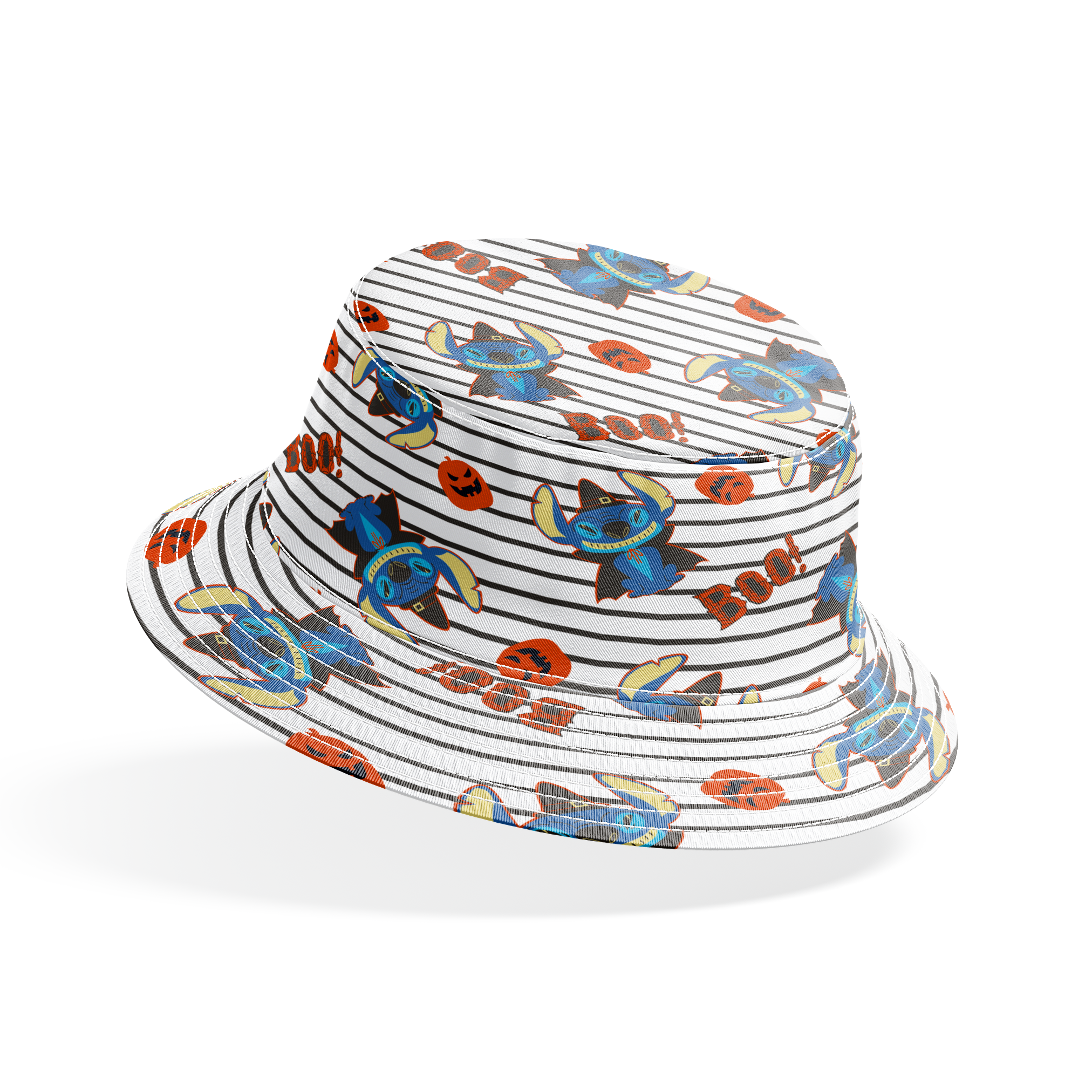 Disney's Stitch with witch hat alongside orange pumpkins on black and white striped background bucket hat mockup