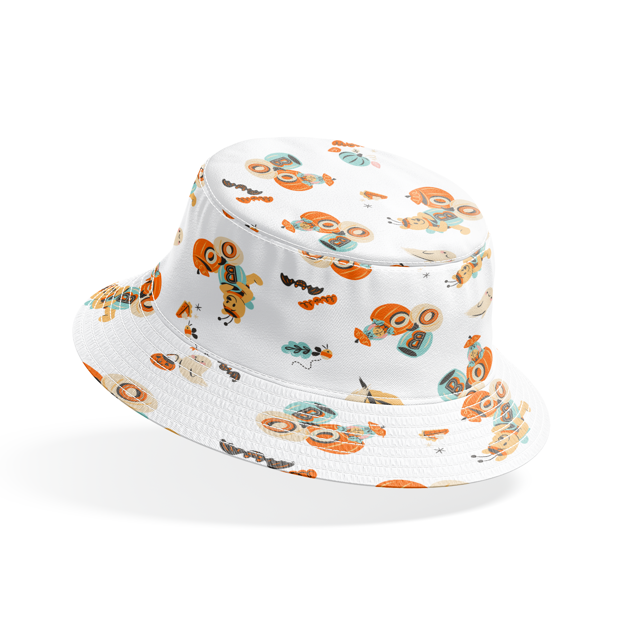 Halloween-themed pattern with Winnie the Pooh characters, pumpkins, and autumn motifs in orange, teal and black on white background. bucket hat mockup