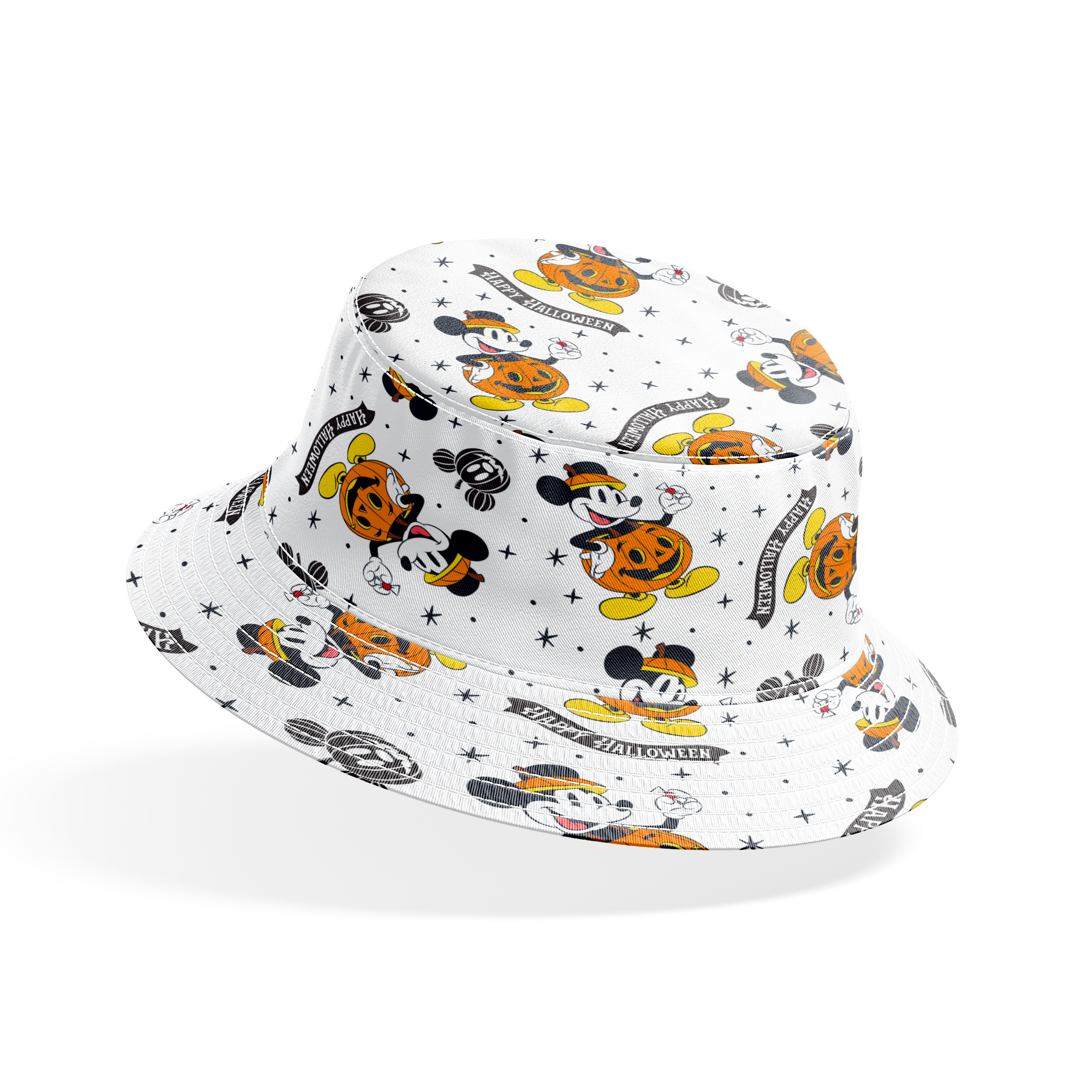 Mickey Mouse Halloween pattern dressed as pumpkins on white background with stars and "Happy Halloween" text bucket hat mockup