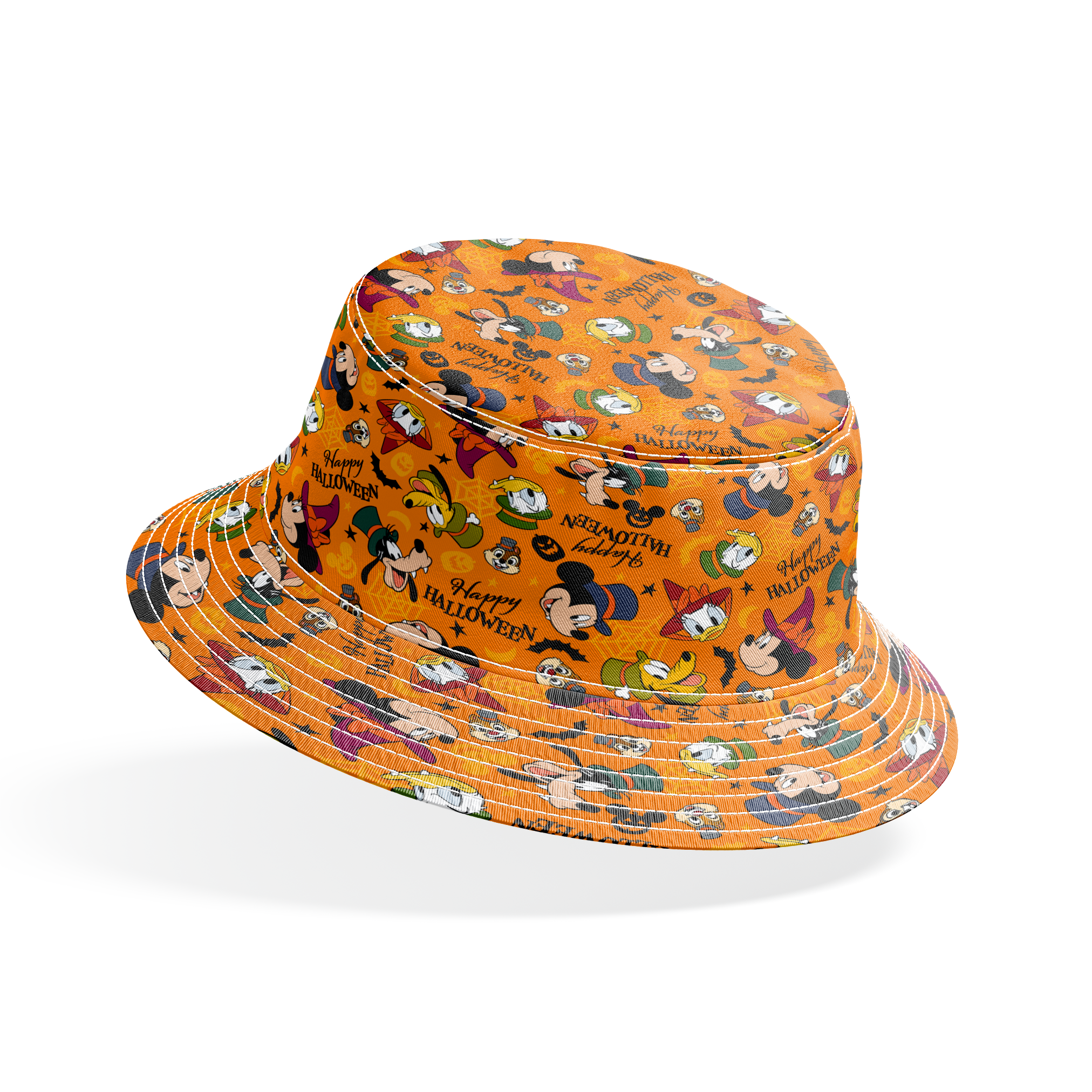 Disney characters in Halloween costumes on orange background with pumpkins and "Happy Halloween" text bucket hat mockup