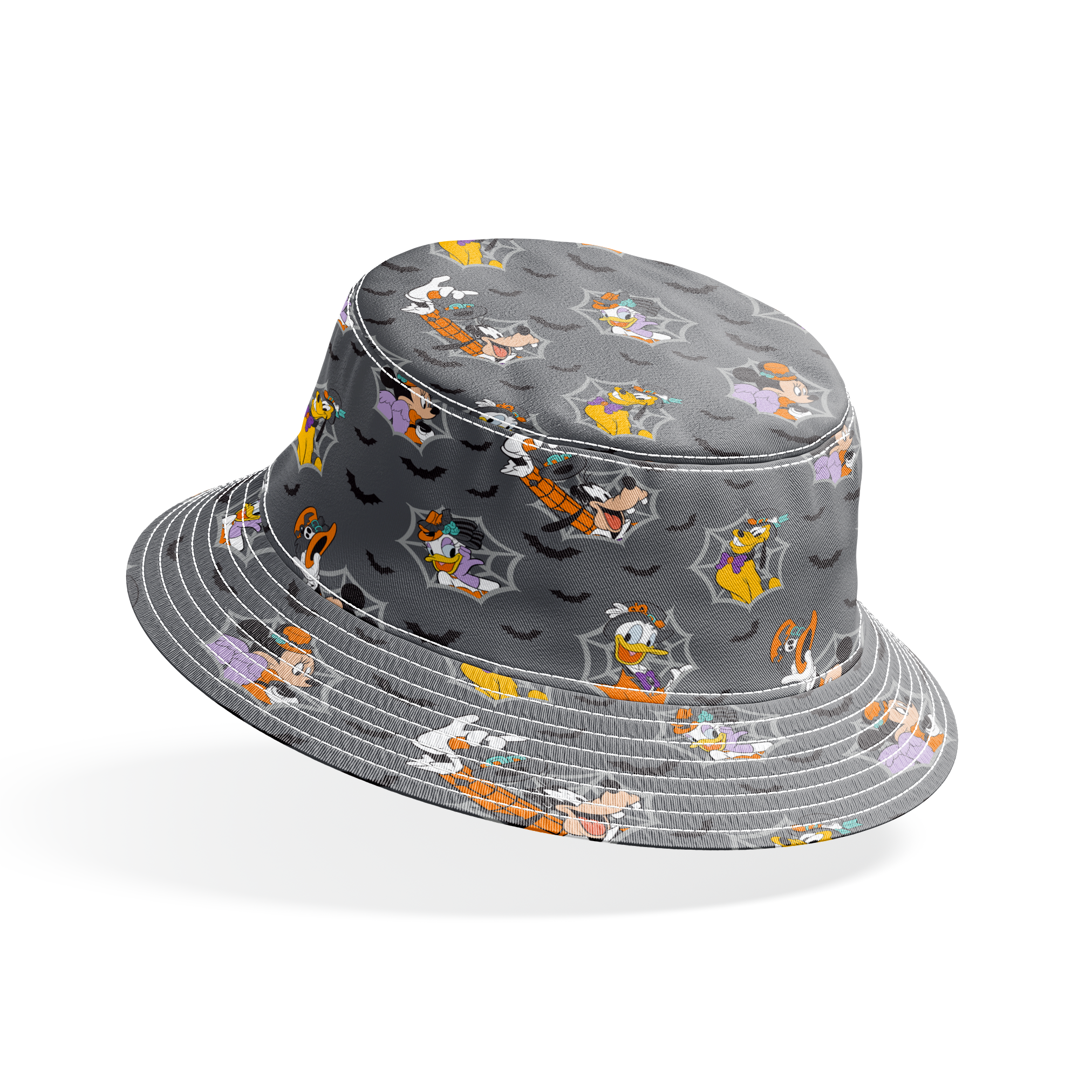 Disney cartoon characters in Halloween costumes on gray background with spider webs and bats bucket hat mockup
