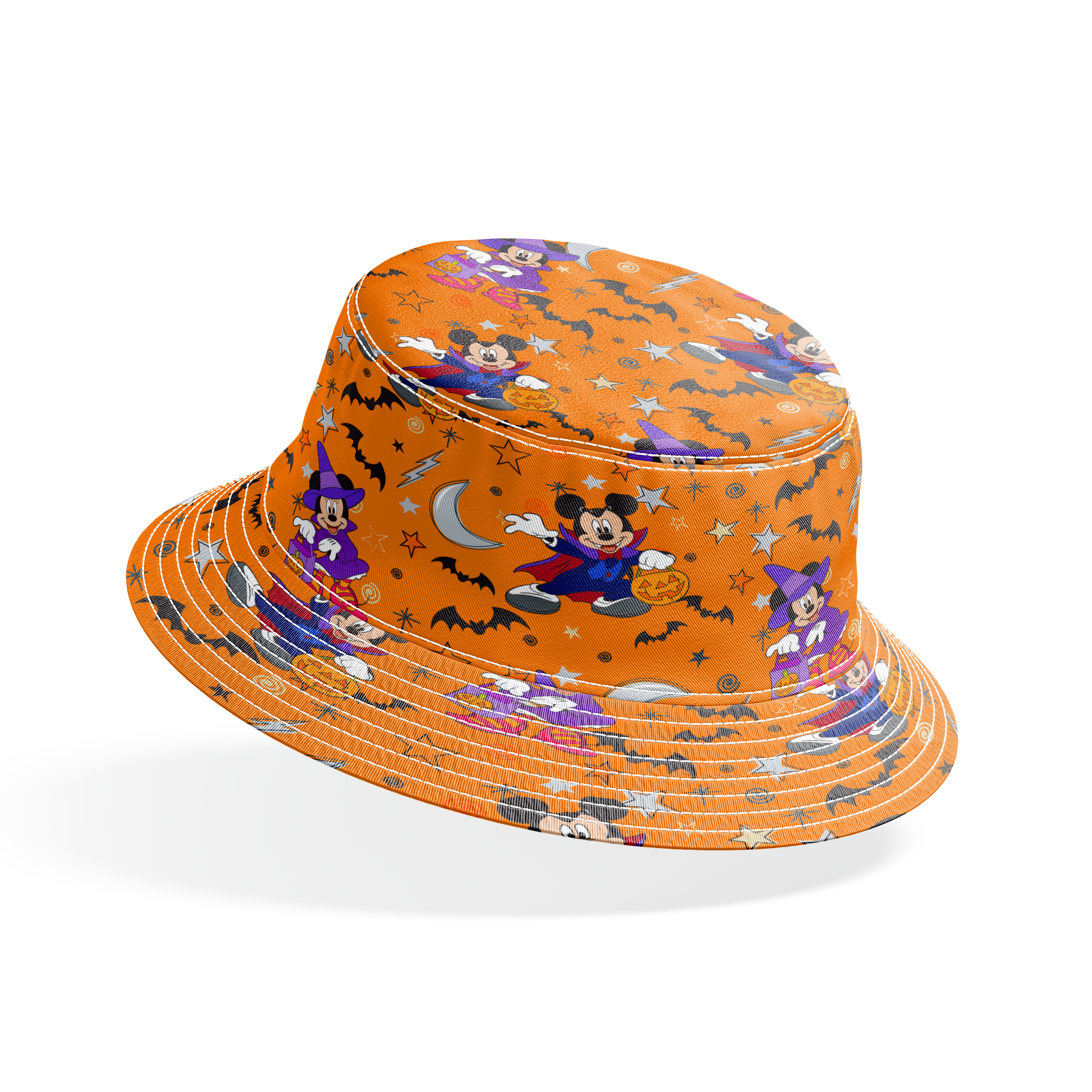 Halloween-themed cartoon pattern with Disney characters in costumes, bats, stars, moons, and ghosts on orange background. bucket hat mockup