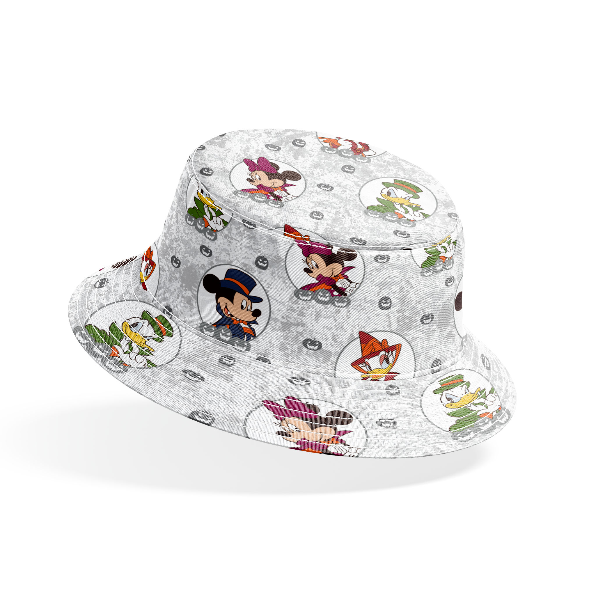 Disney Halloween pattern with Mickey in top hat, Donald in green hat, and Daisy in witch hat on gray background with pumpkins. bucket hat mockup