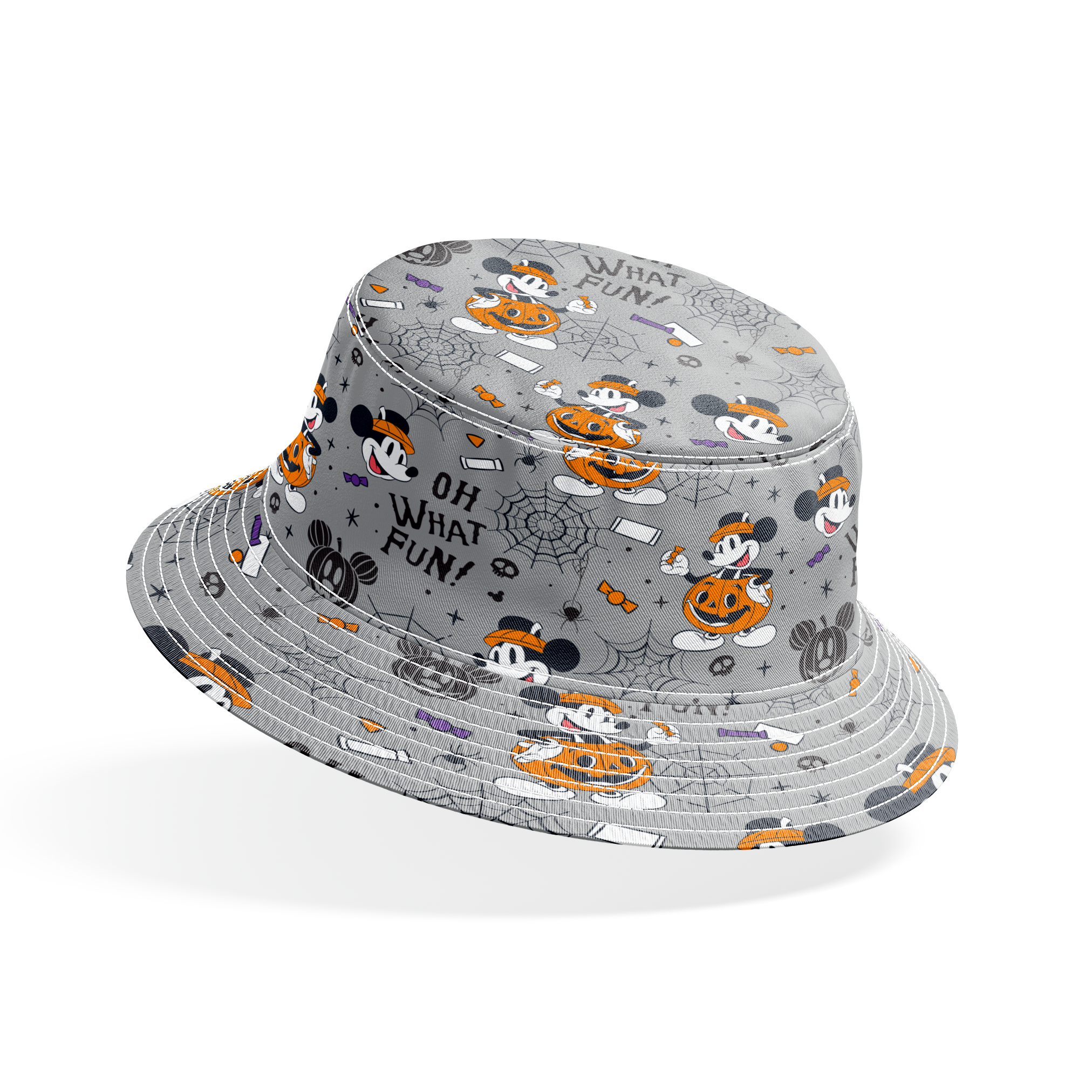 Halloween pattern with Mickey Mouse characters, pumpkins, spider webs, and "Oh What Fun!" text on gray background bucket hat mockup