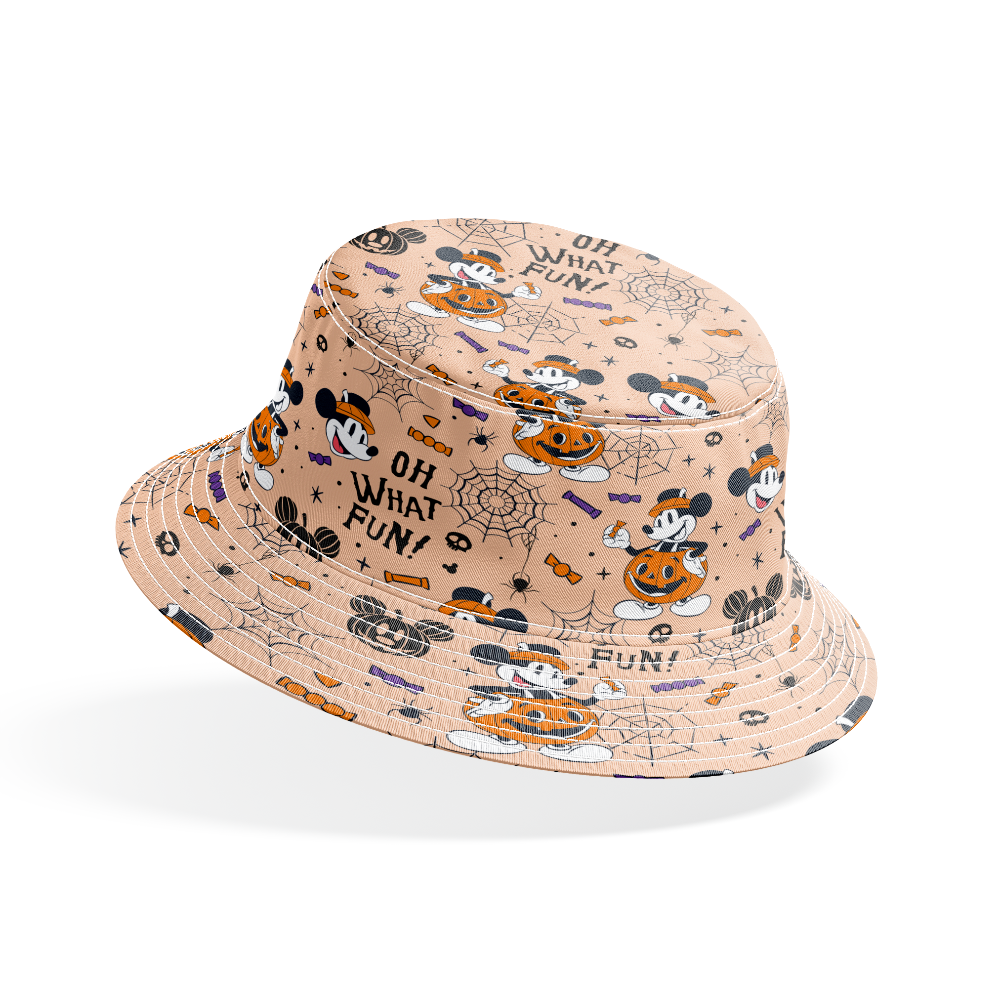 Halloween Mickey Mouse pattern with "OH WHAT FUN!" text, pumpkins, spiderwebs, and candy on beige background bucket hat mockup