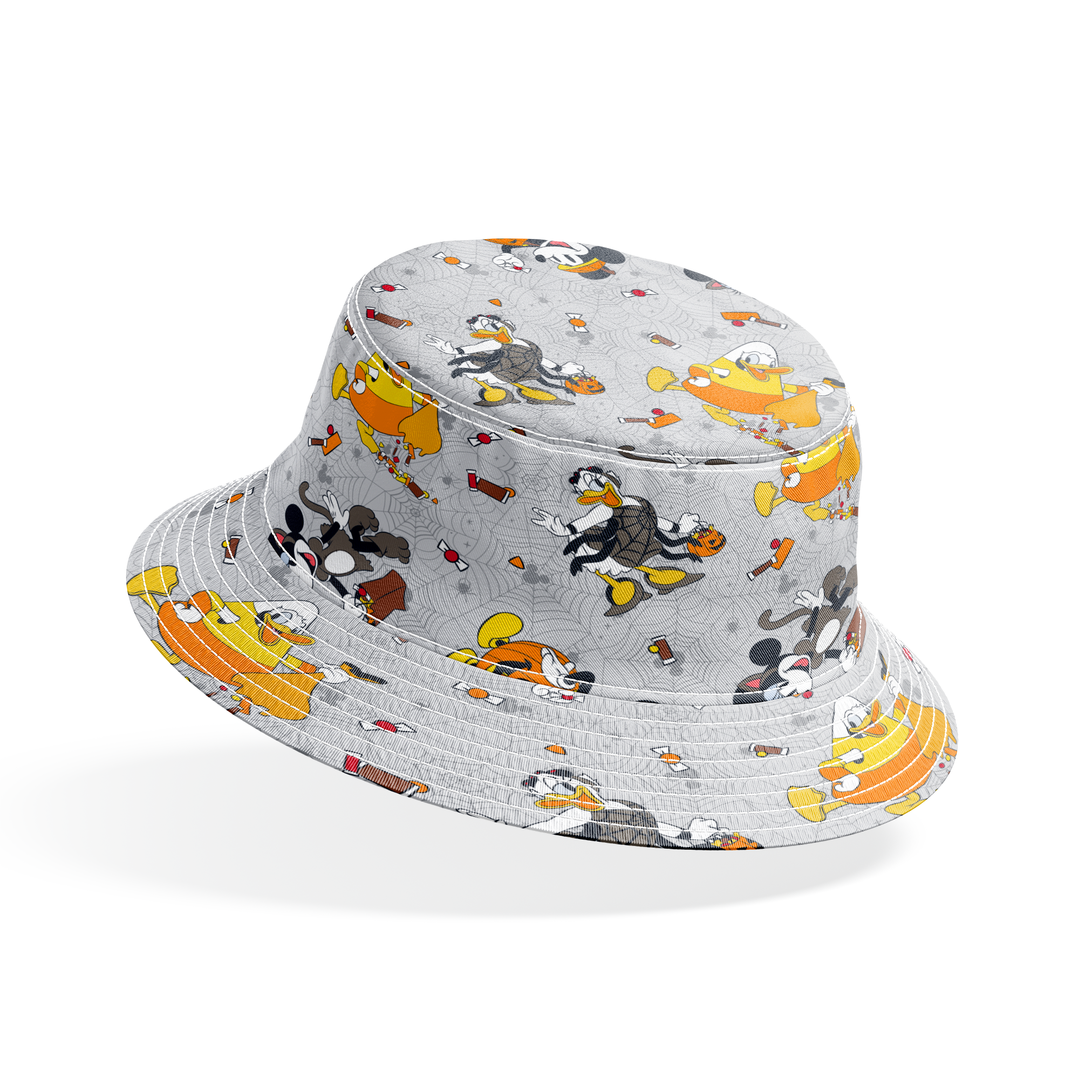 Disney characters on gray spider web pattern with candy corn scattered throughout, Halloween themed design. bucket hat mockup