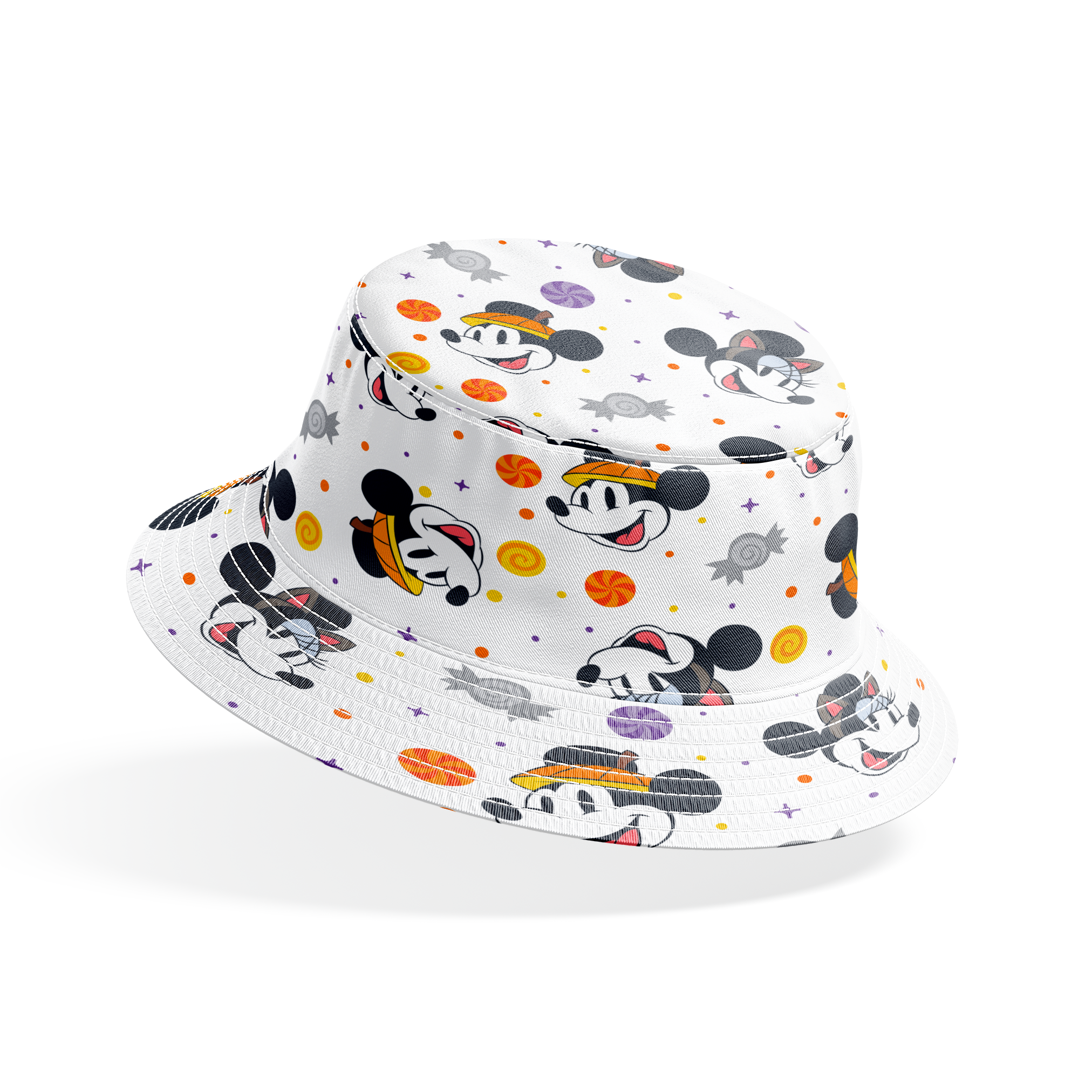 Mickey and Minnie Mouse cartoon heads scattered with wrapped candies and colorful dots on white background bucket hat mockup