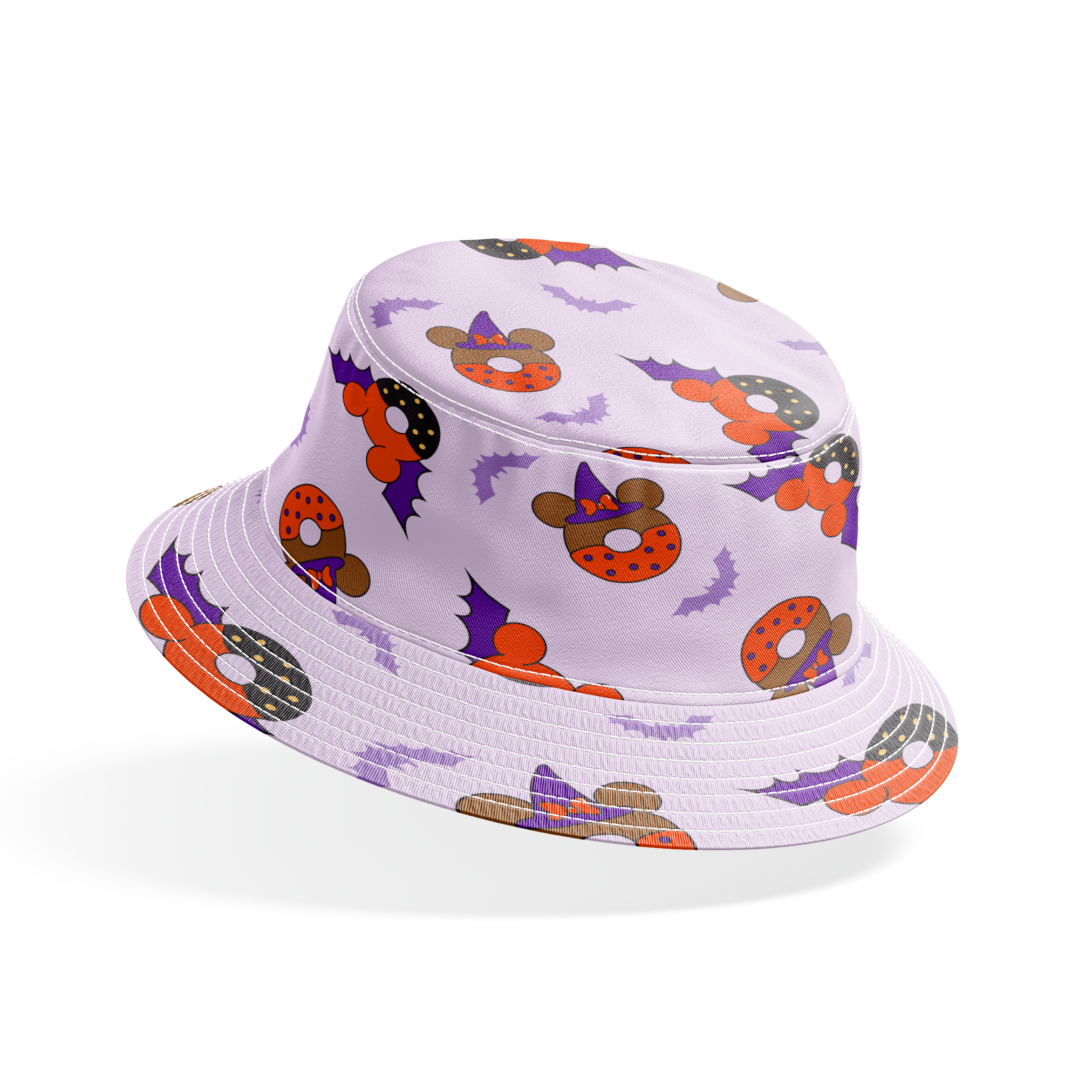 Disney Halloween-themed pattern with orange and black donuts, purple bat wings, and light purple bats on lavender background bucket hat mockup