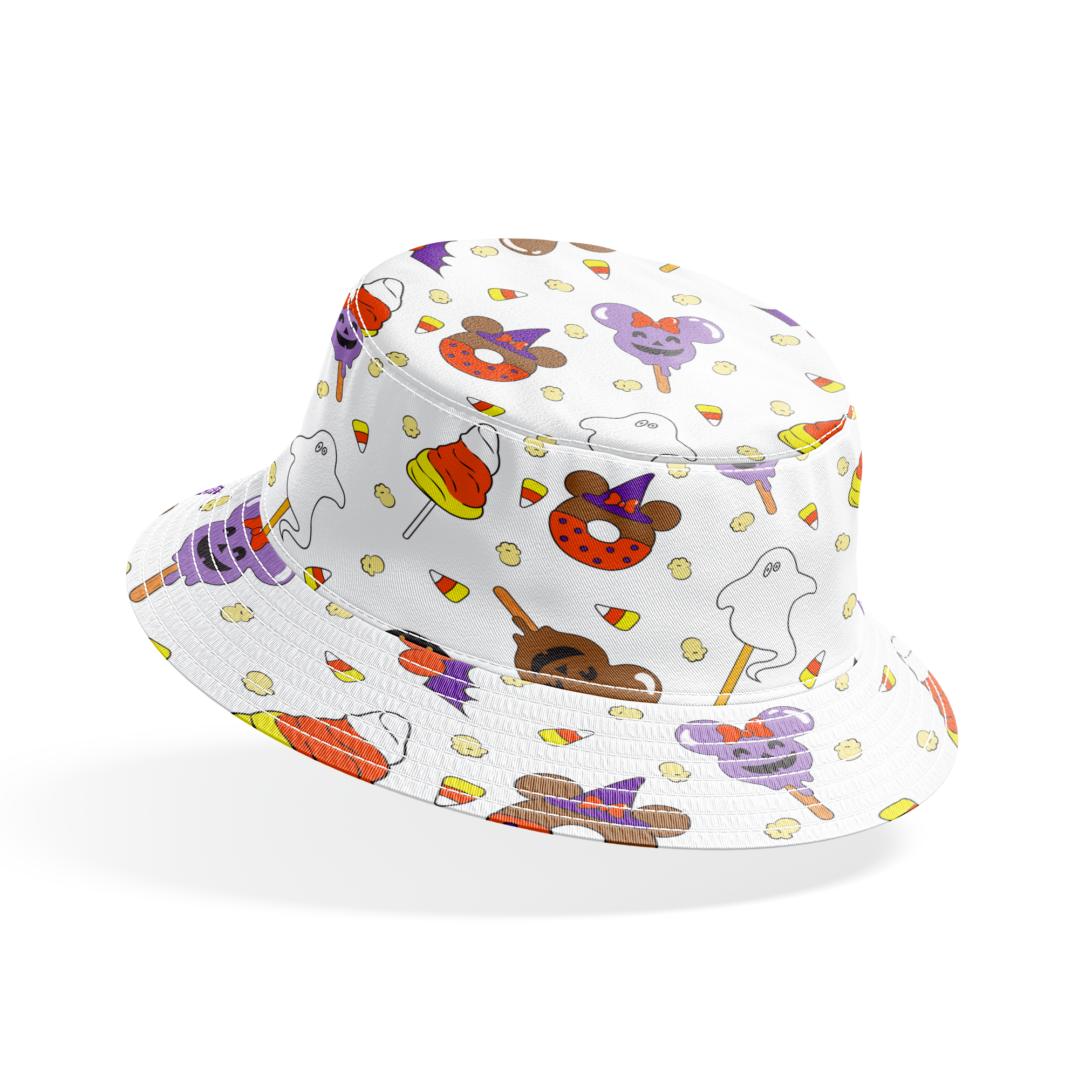 Disney Halloween themed pattern with candy lollipops, ghost, bats, and candy corn bucket hat mockup