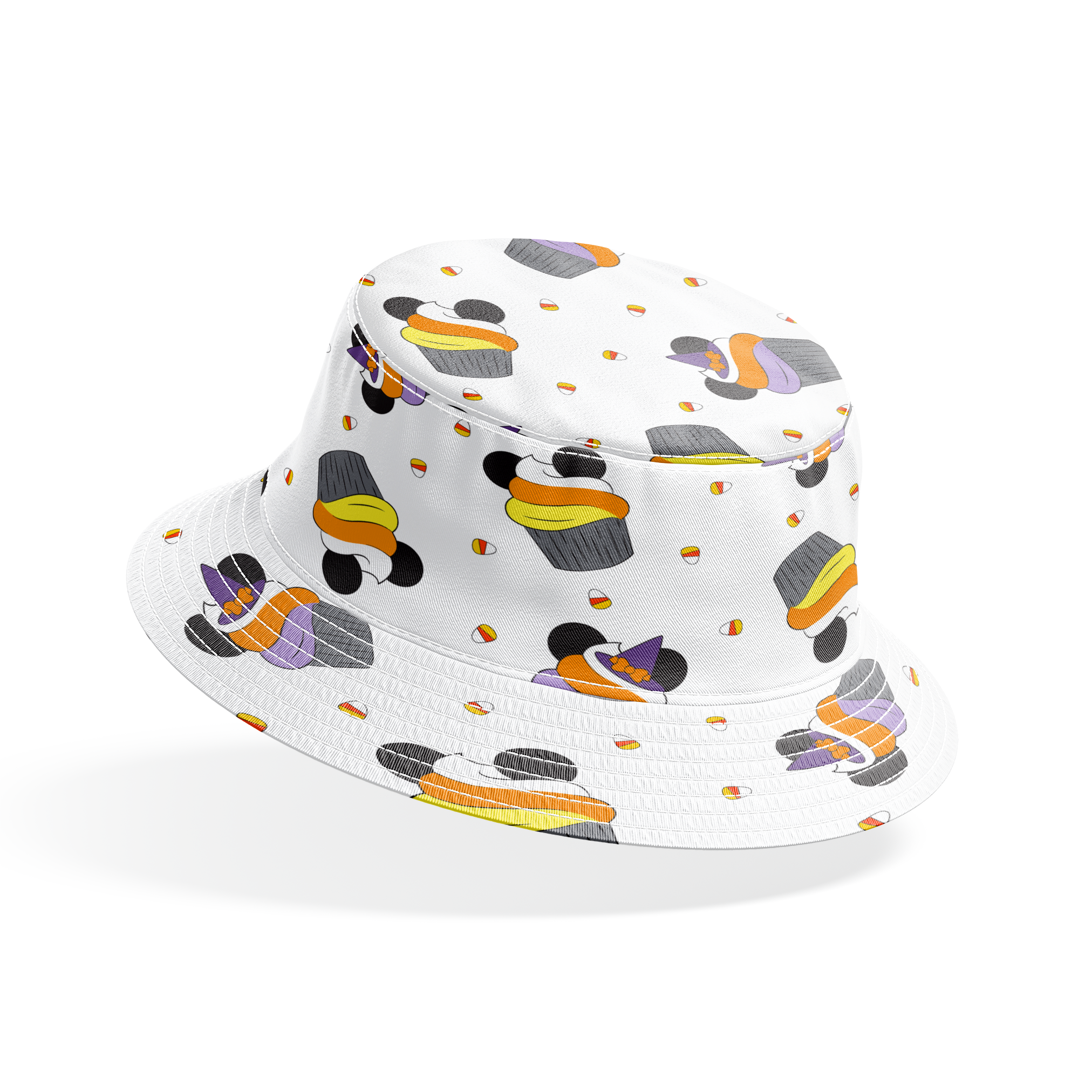 Disney cupcakes with black circular elements and colorful frosting in orange, yellow, and purple on a white background. bucket hat mockup