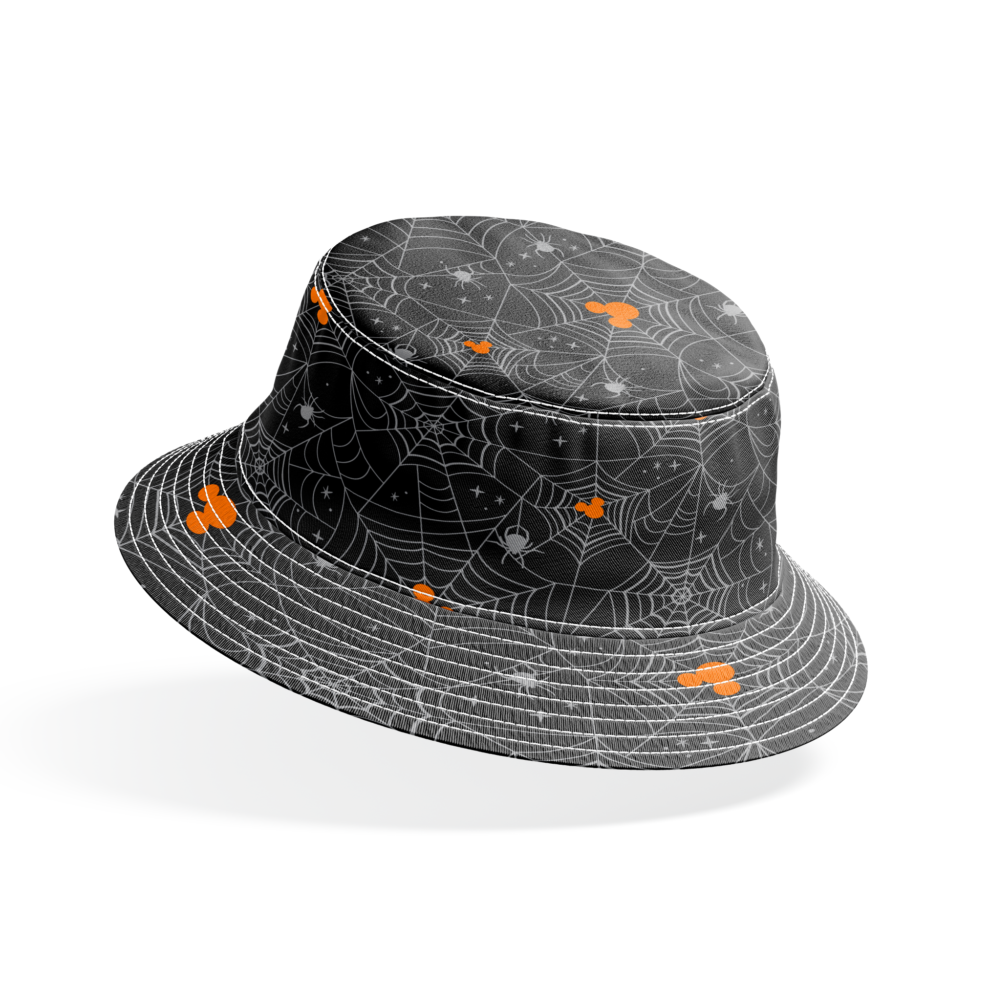 Spooky Halloween pattern with white spiderwebs, orange Mickey Mouse heads, and gray spiders on black background bucket hat mockup