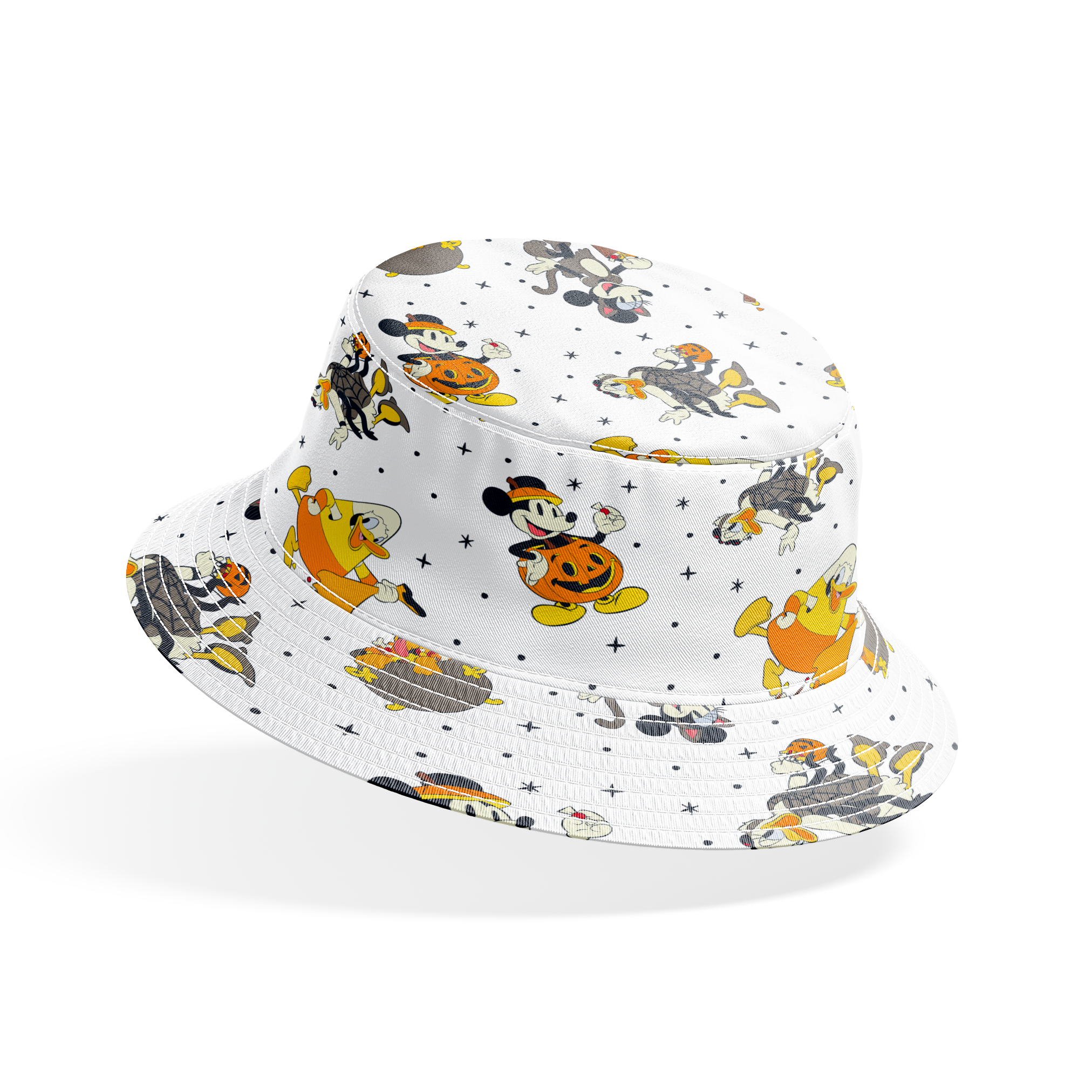 Disney characters in Halloween costumes on white background with stars - Mickey, Pluto, and friends in festive attire bucket hat mockup
