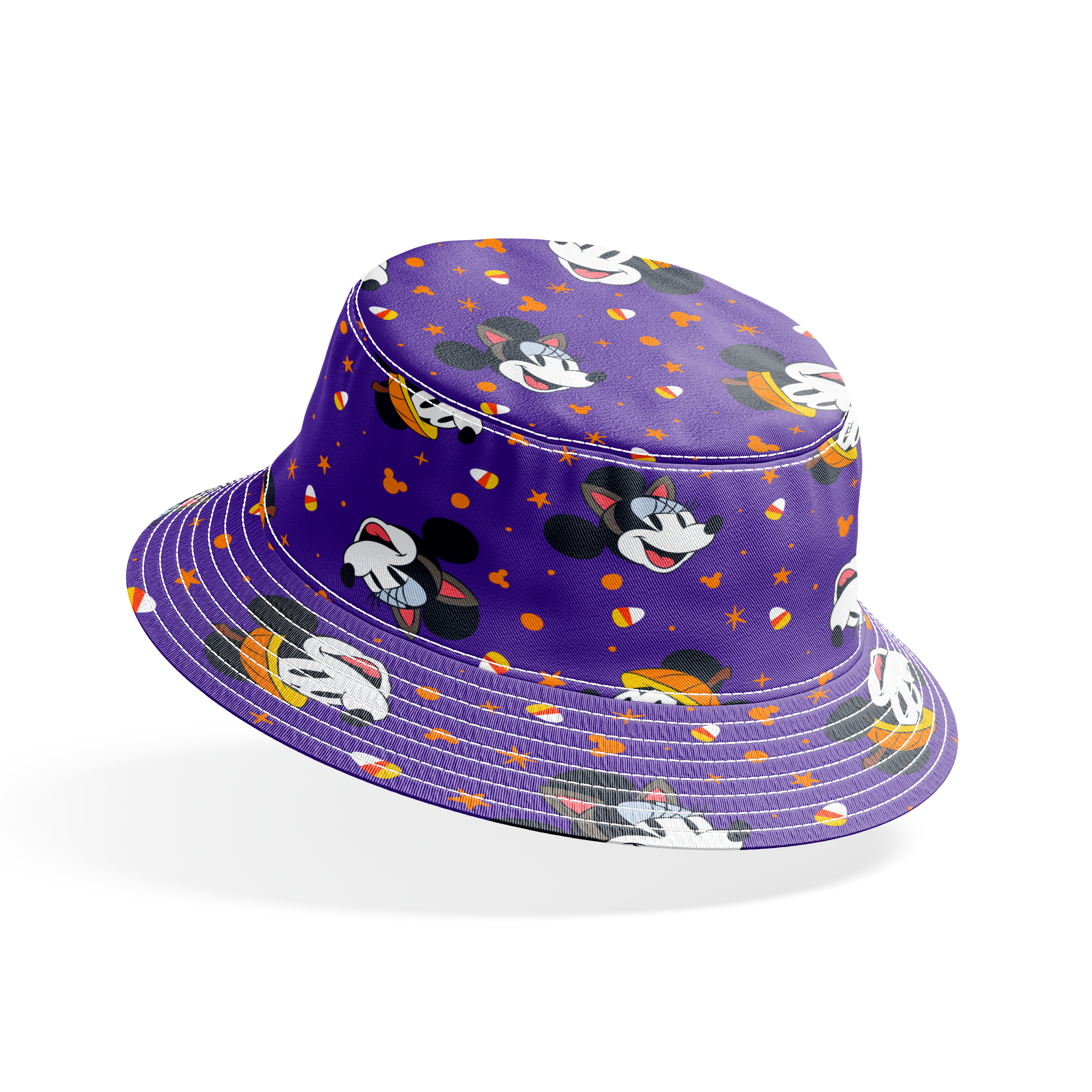 Mickey Mouse Halloween pattern with candy corn and stars on purple background bucket hat mockup