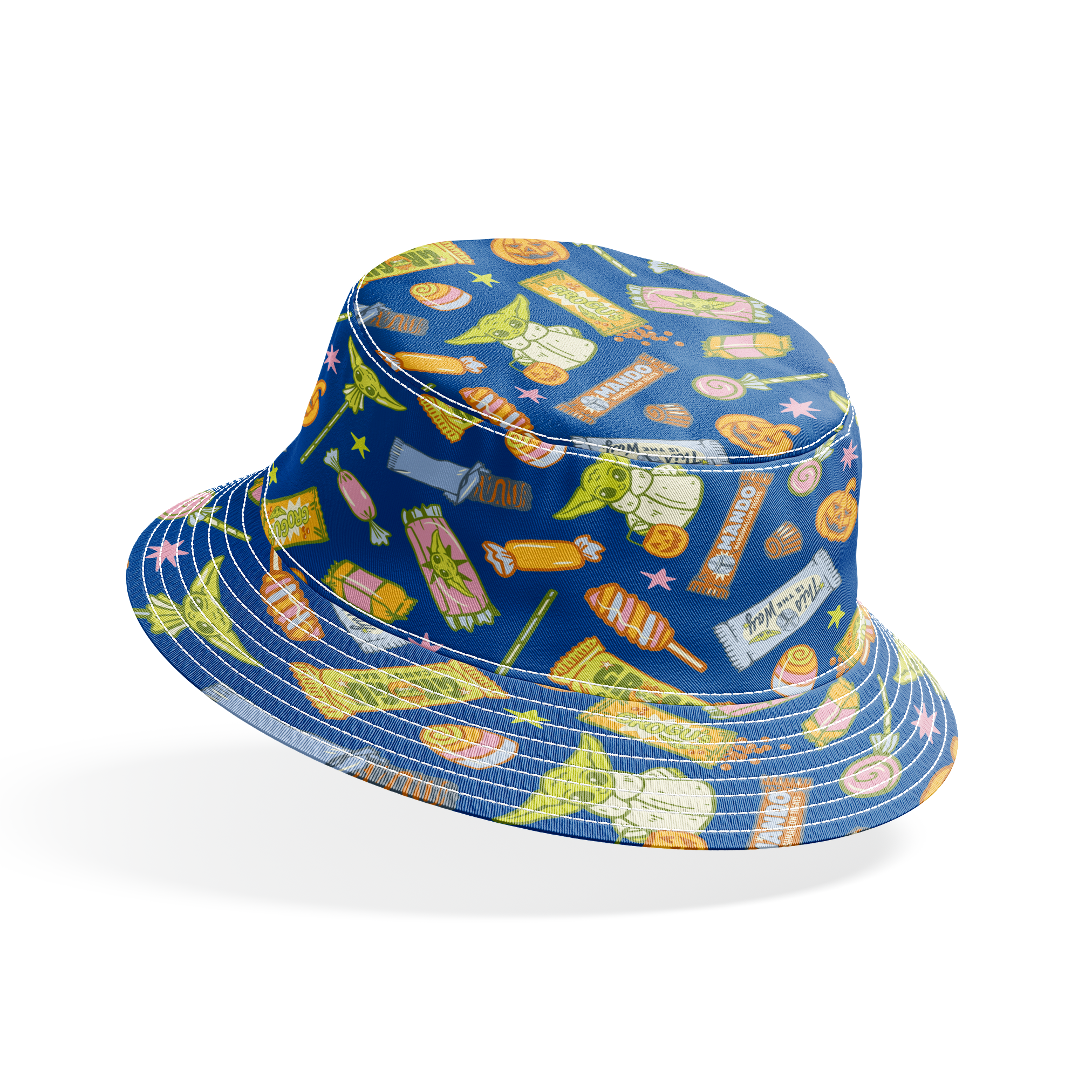 Colorful candy pattern with wrapped sweets, lollipops, and treats on dark blue background bucket hat mockup