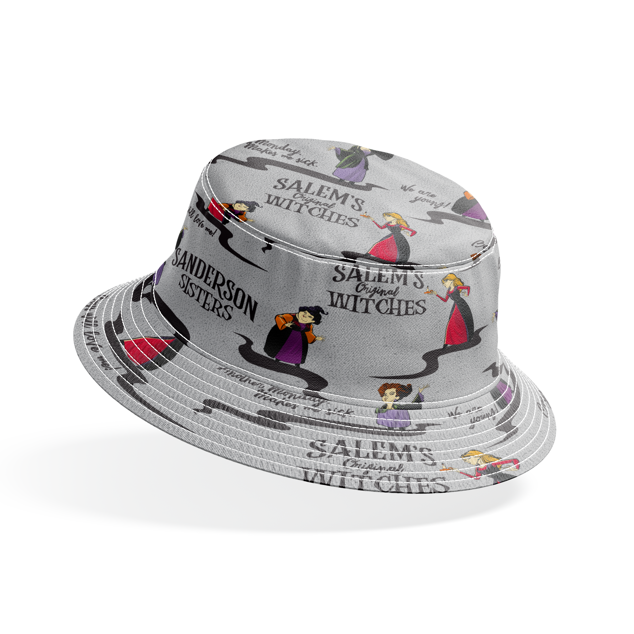 Sanderson Sisters pattern from Hocus Pocus with cartoon witches in purple and red dresses on gray background bucket hat mockup