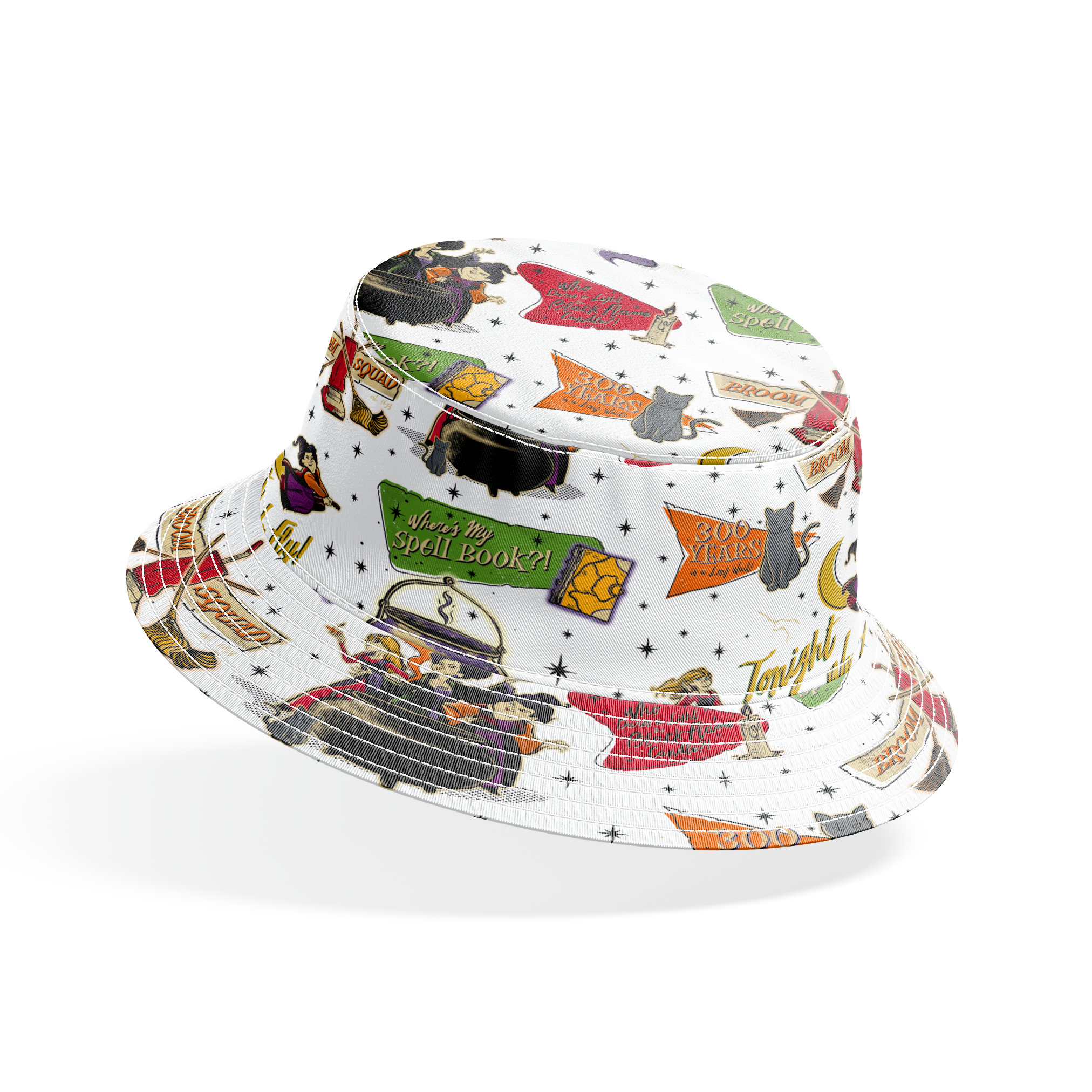 Halloween witch-themed pattern with spell books, cauldrons, brooms, stars, cats, potions and magical sayings on white background bucket hat mockup