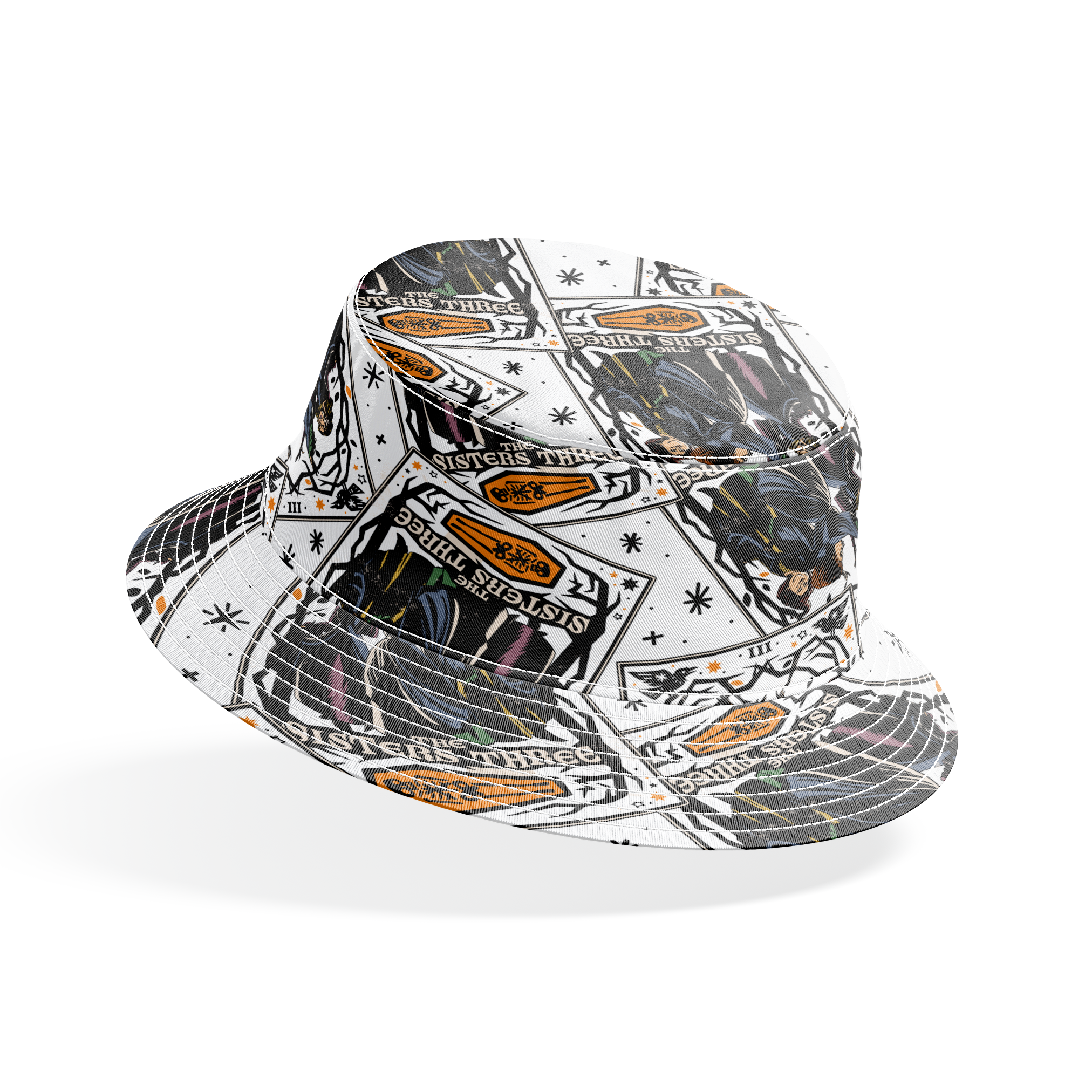 Scattered Hocus Pocus cards showing robed figures against white background with stars bucket hat mockup