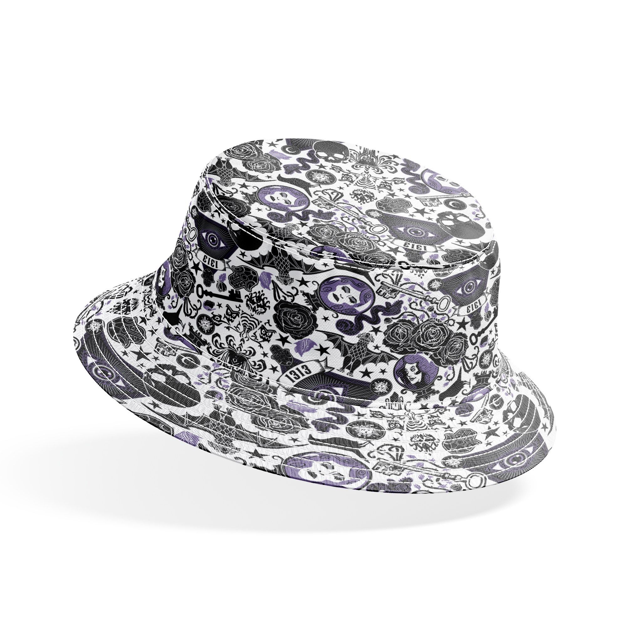 Gothic-inspired pattern with roses, medallions, ravens, and Victorian motifs in black and purple bucket hat mockup