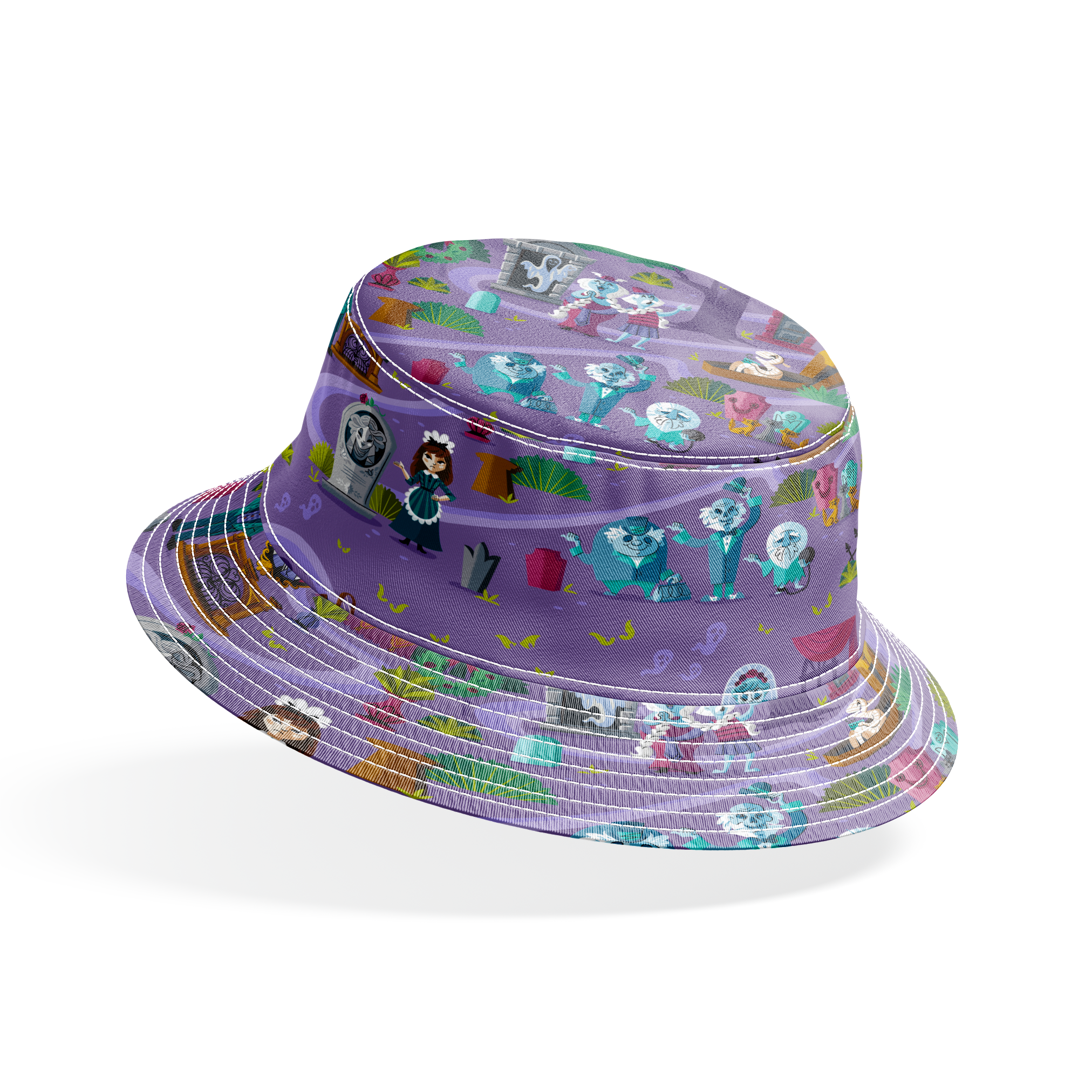Colorful cartoon map of a spooky Halloween town with purple paths, ghosts, skeletons, and haunted houses. bucket hat mockup