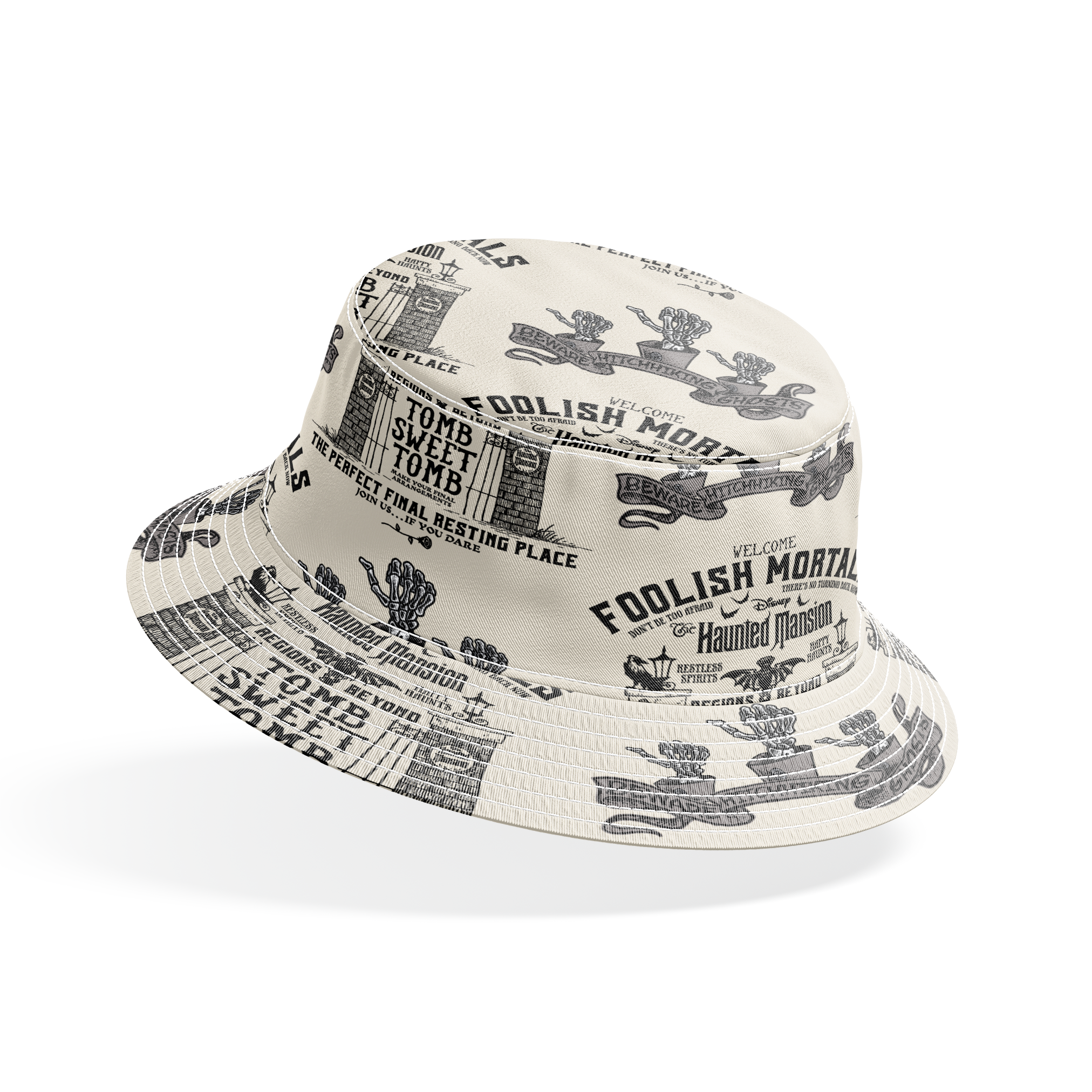 Repeating pattern of "Foolish Mortals" Haunted Mansion signage with ornate tomb designs in vintage black and cream style bucket hat mockup