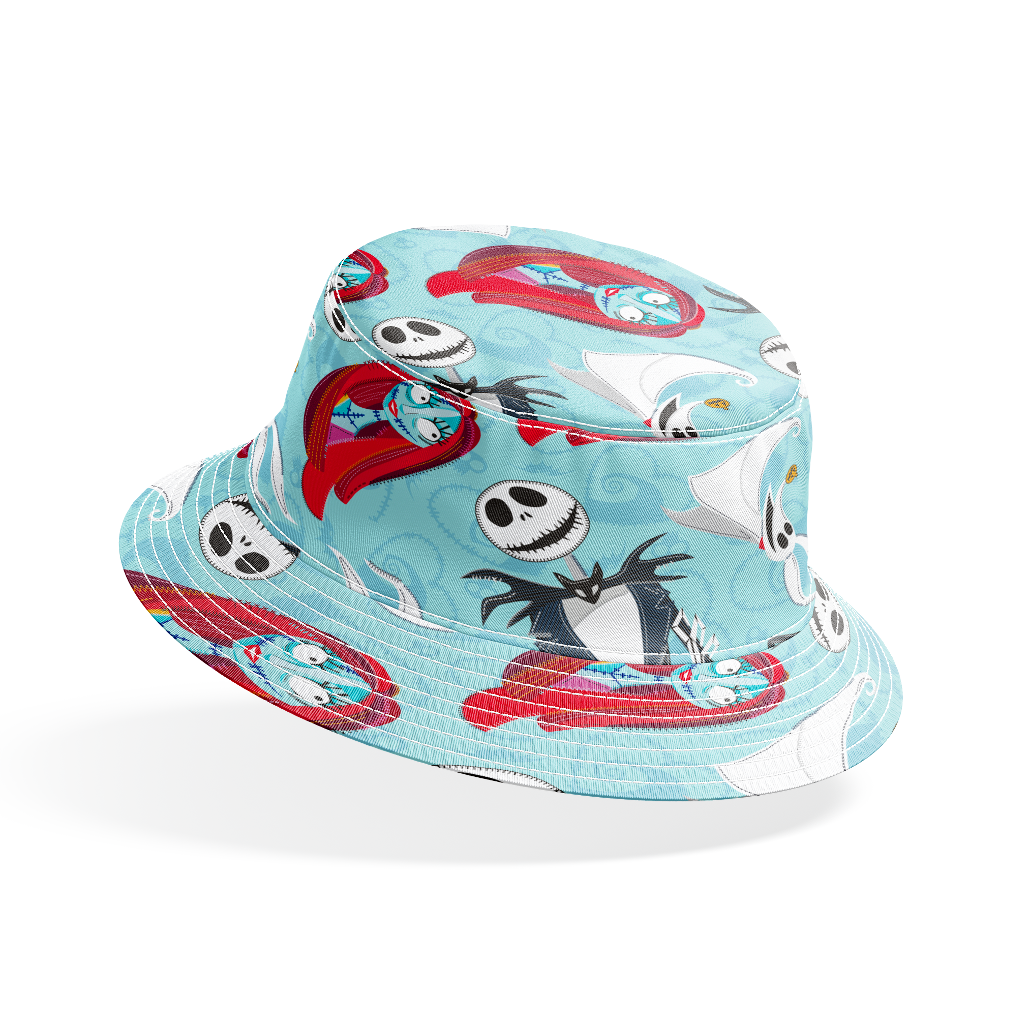 Nightmare Before Christmas pattern with Jack Skellington, Zero ghost dog, and coffin shapes on light blue background bucket hat mockup