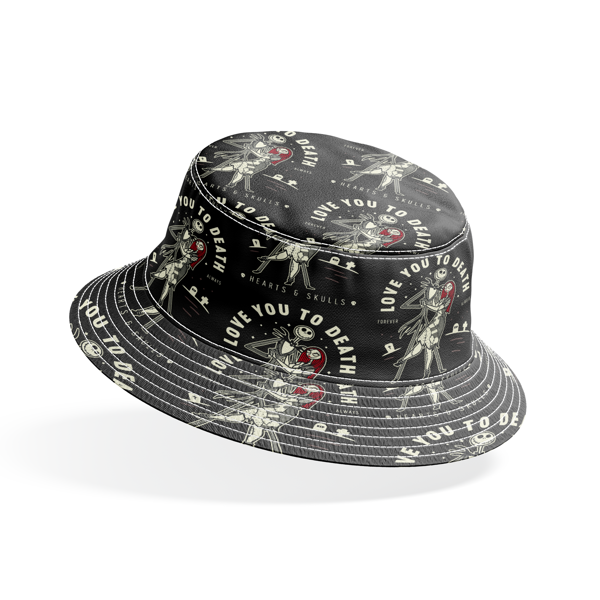 Repeating pattern of skeletal figures holding red hearts with "LOVE YOU TO DEATH" text on black background bucket hat mockup