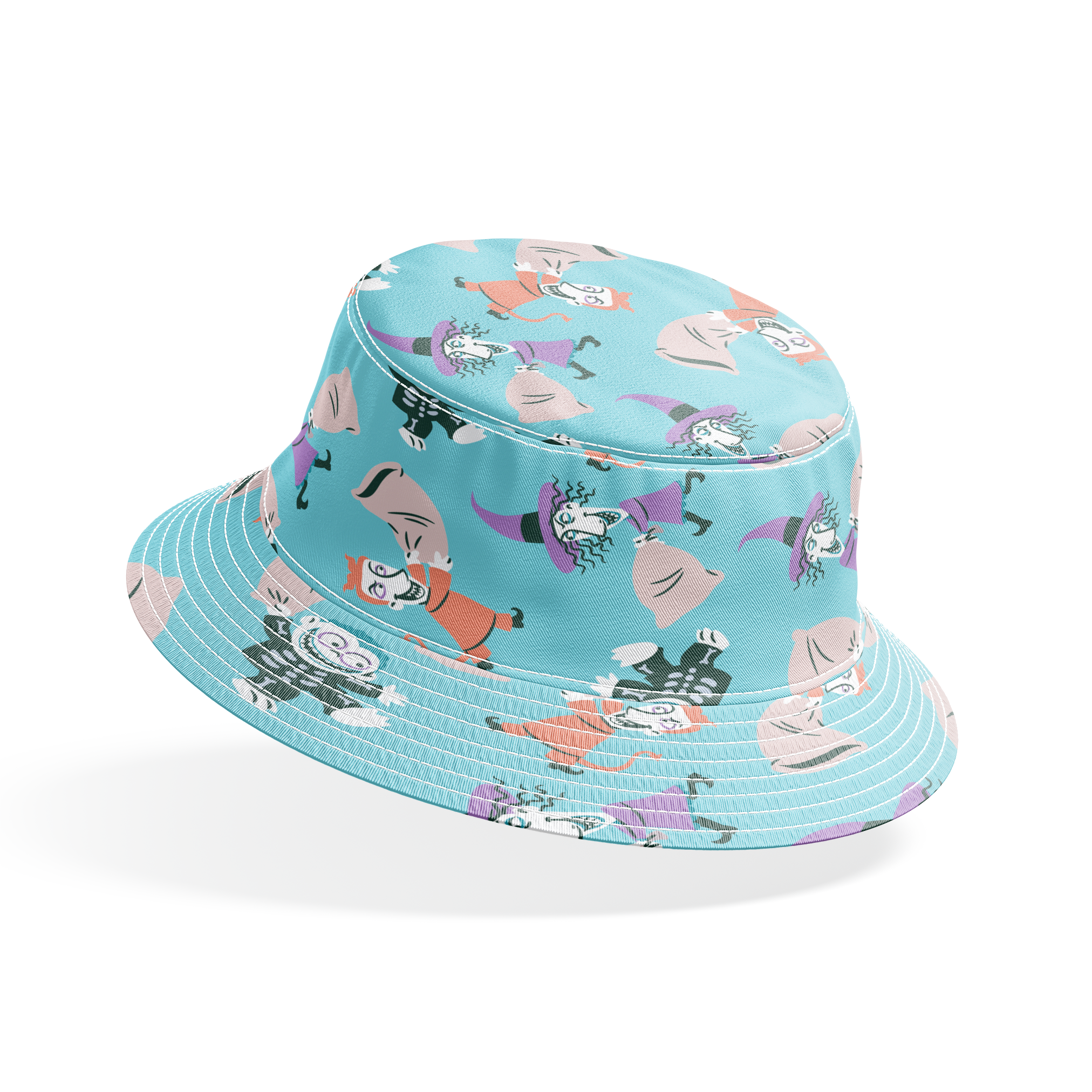 Whimsical pattern of cartoon characters in Halloween costumes on light blue background bucket hat mockup