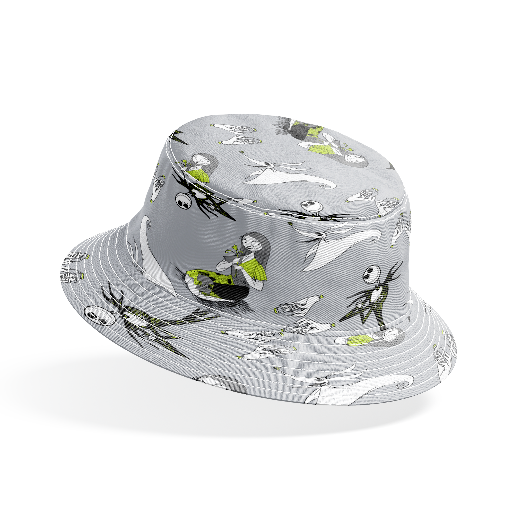 Spooky pattern with stylized ghostly figures, skeletal creatures, and green accents on gray background bucket hat mockup