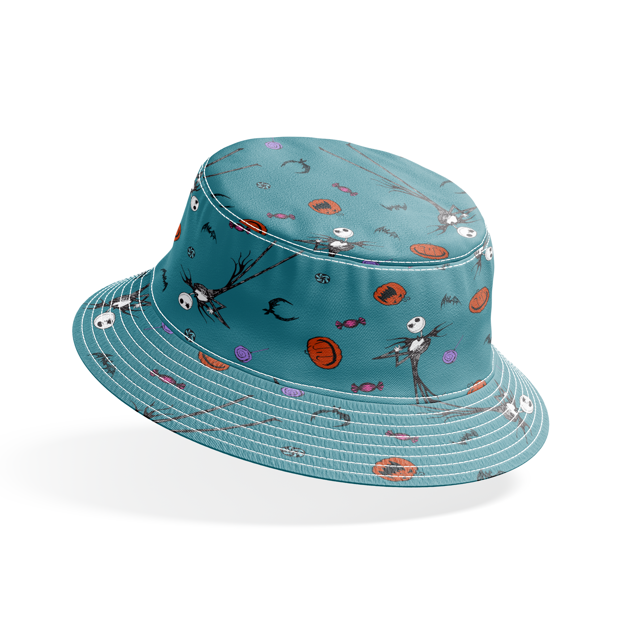 Halloween pattern with witch brooms, pumpkins, bats, candy, and creepy eyes on teal background bucket hat mockup