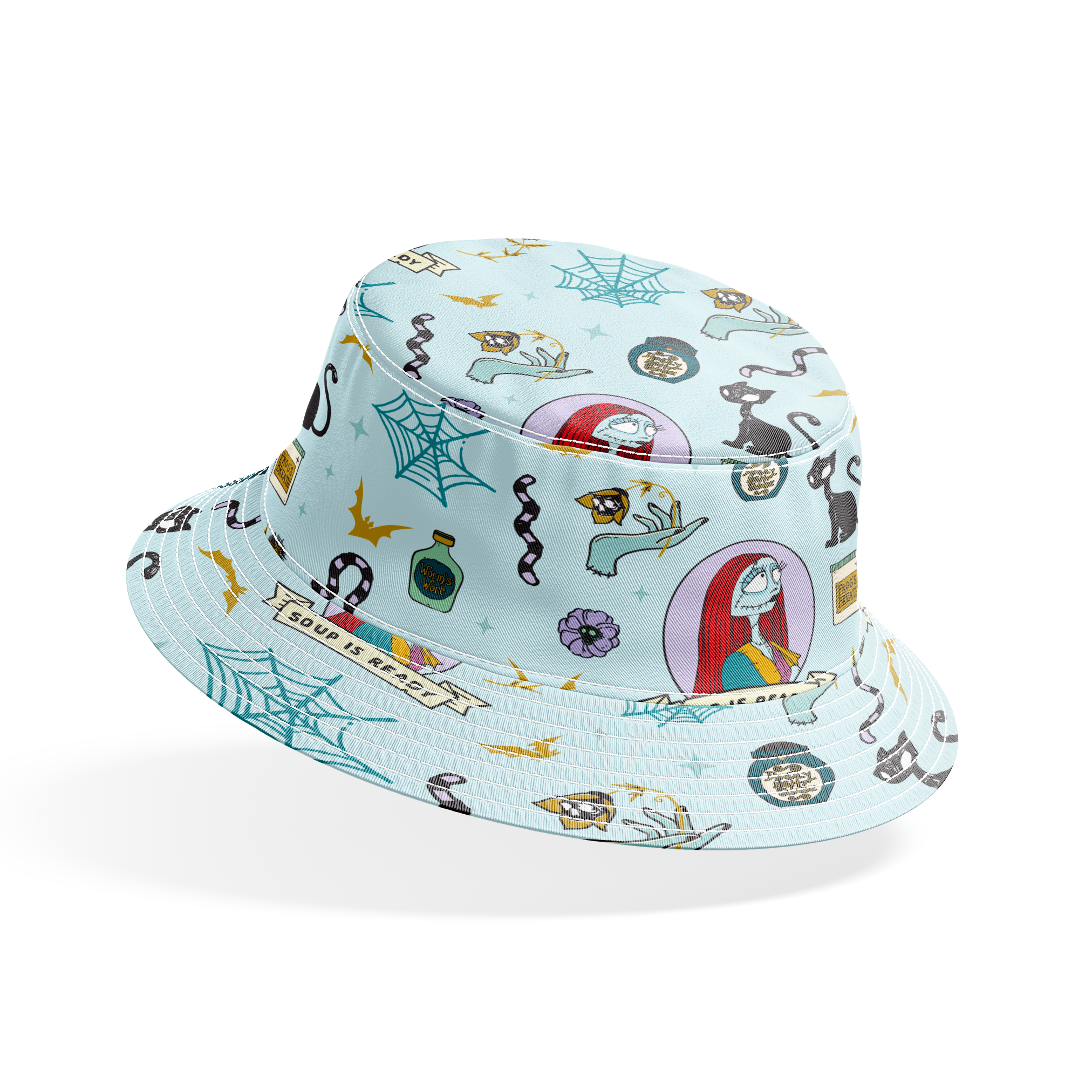 Whimsical pattern with skeletal figure in oval frame, black cats, spiderwebs, potion bottles, and "Soup is Ready" banners on light blue background. bucket hat mockup