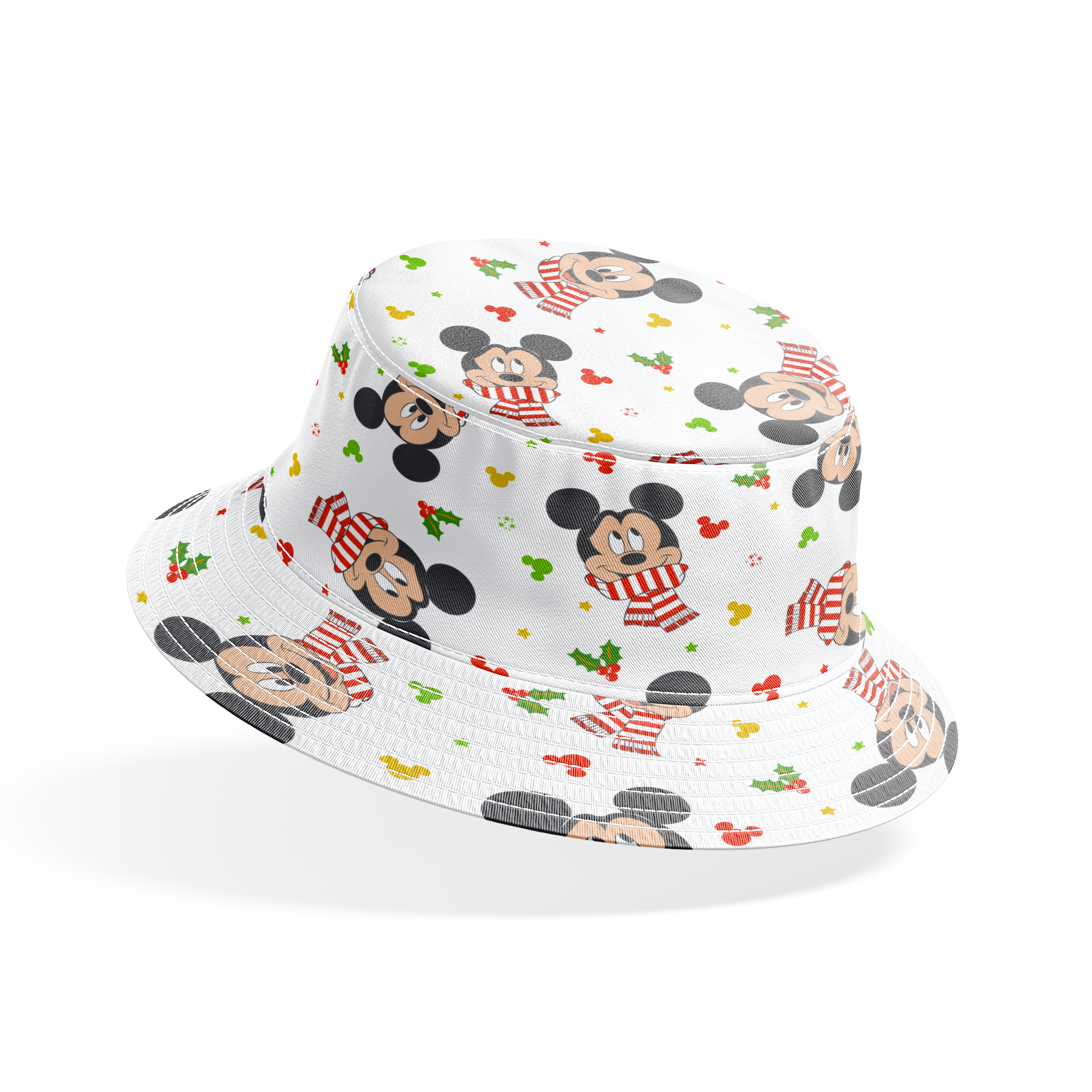 Mickey Mouse wearing red striped scarves, surrounded by holly and colorful icons on white background bucket hat mockup