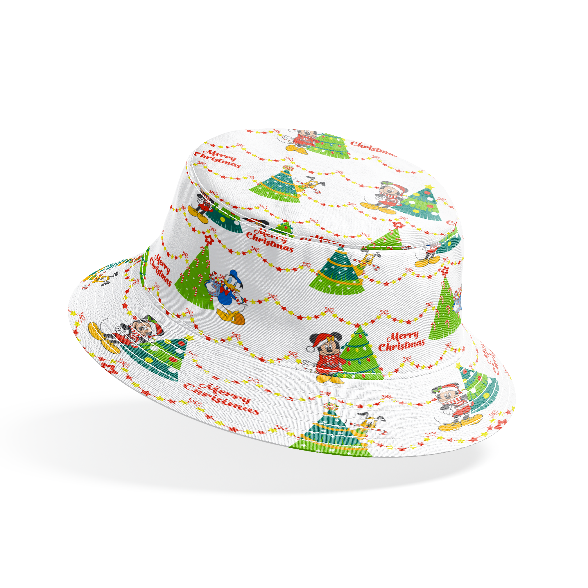 Disney Christmas pattern with Mickey, Minnie, and Donald beside decorated trees with star garland borders bucket hat mockup