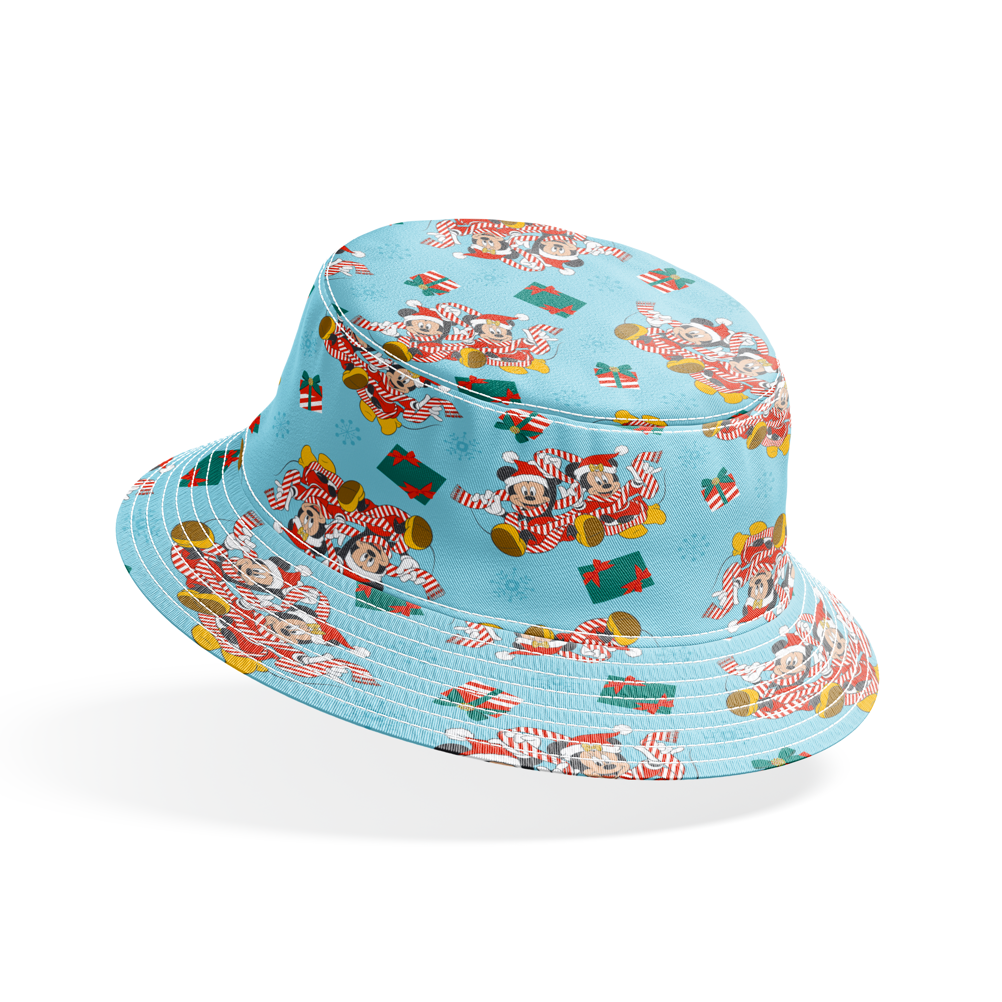 Mickey and Minnie Mouse pattern with candy stripe pajamas, presents, and snowflakes on light blue background bucket hat mockup