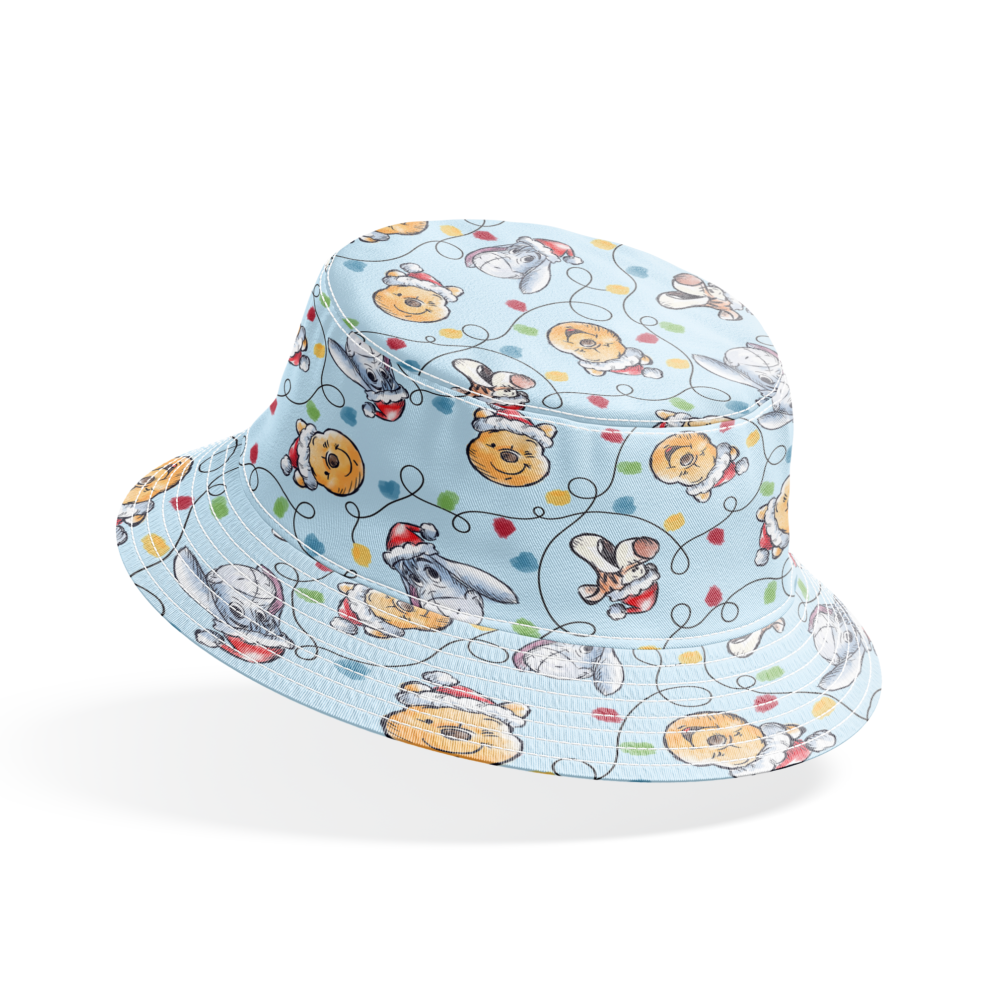 Winnie the Pooh Christmas pattern with Pooh bear, Eeyore, and Tigger in Santa hats on blue background bucket hat mockup