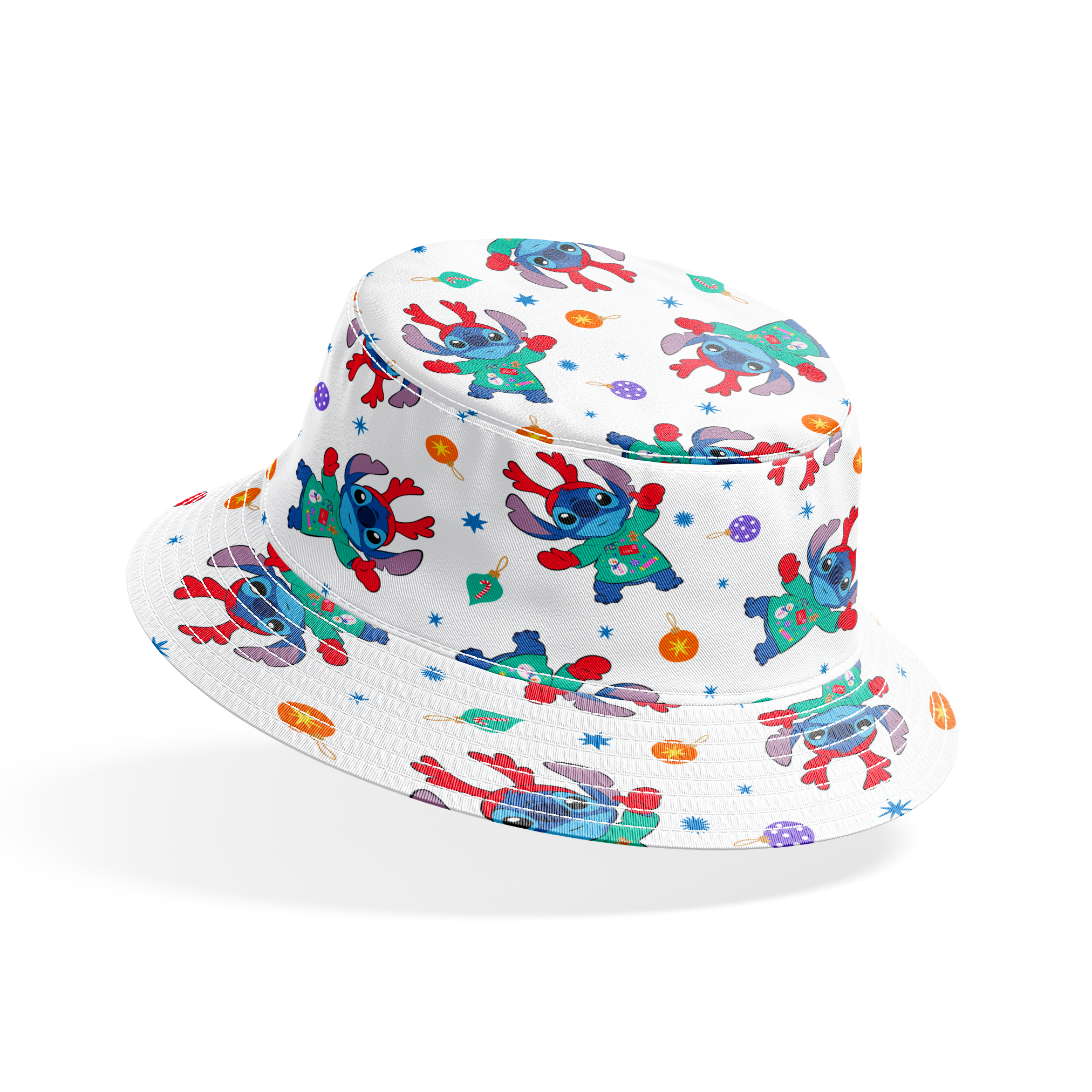 Disney's Stitch wearing green Christmas sweater and red scarf in repeating pattern with ornaments and stars. bucket hat mockup