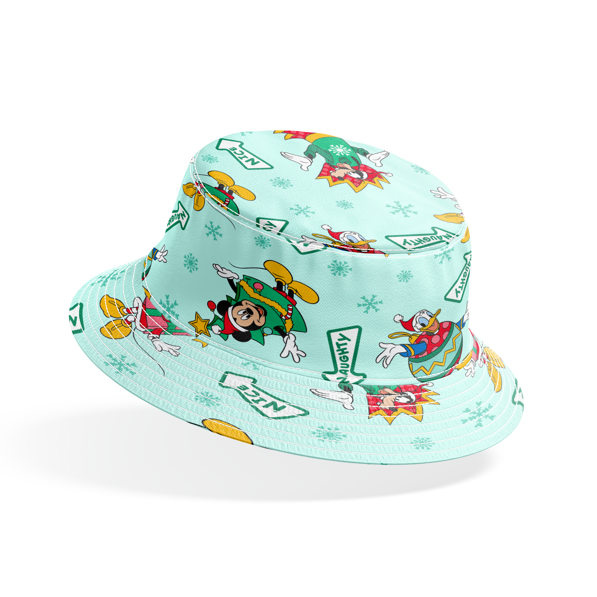 Disney character pattern with Minnie and Mickey in festive holiday outfits on light blue background with snowflakes and "Nice" signs. bucket hat mockup
