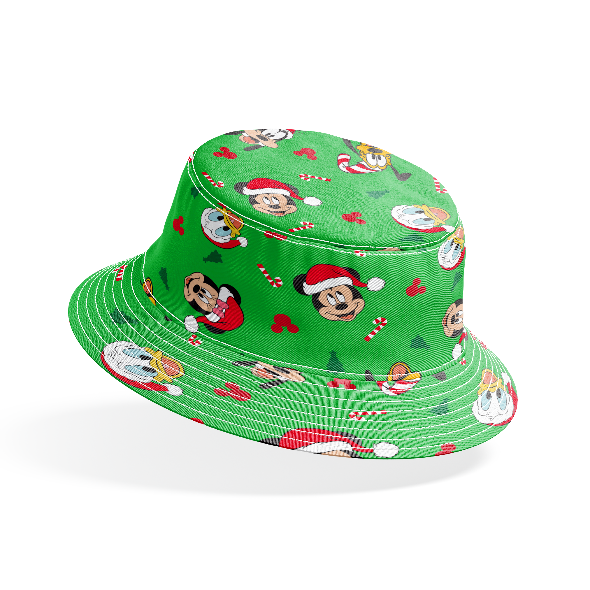 Disney Mickey Mouse characters in Santa hats on green background with candy canes and Christmas trees bucket hat mockup