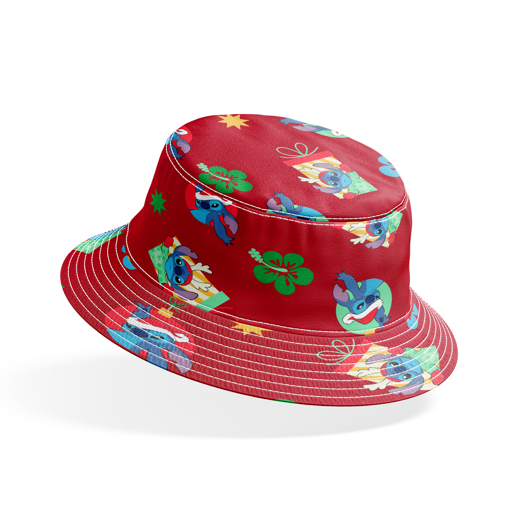 Disney Stitch pattern on red background with flowers and decorative elements bucket hat mockup