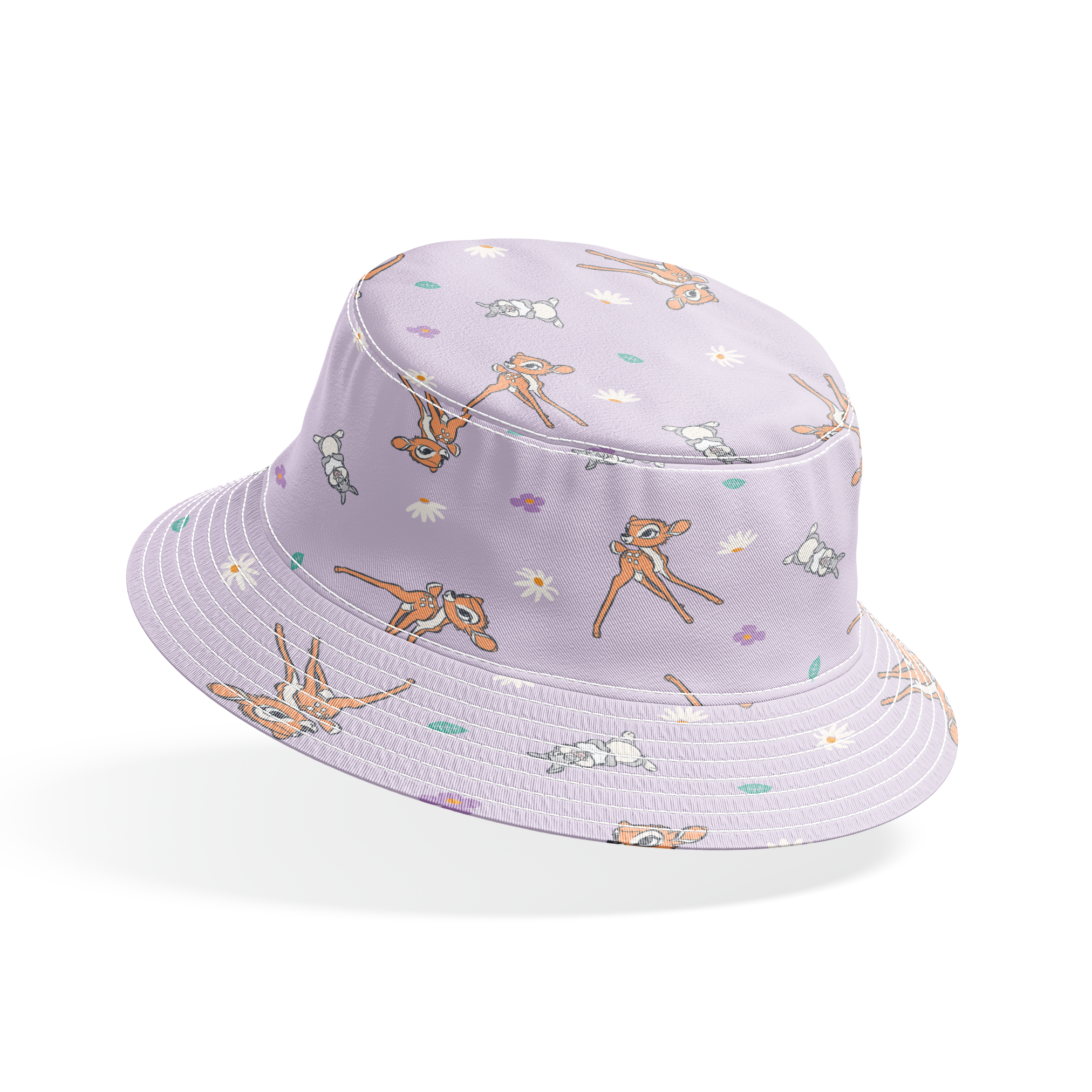 Seamless pattern of cartoon deer and bunnies with daisies and small flowers on lavender background bucket hat mockup