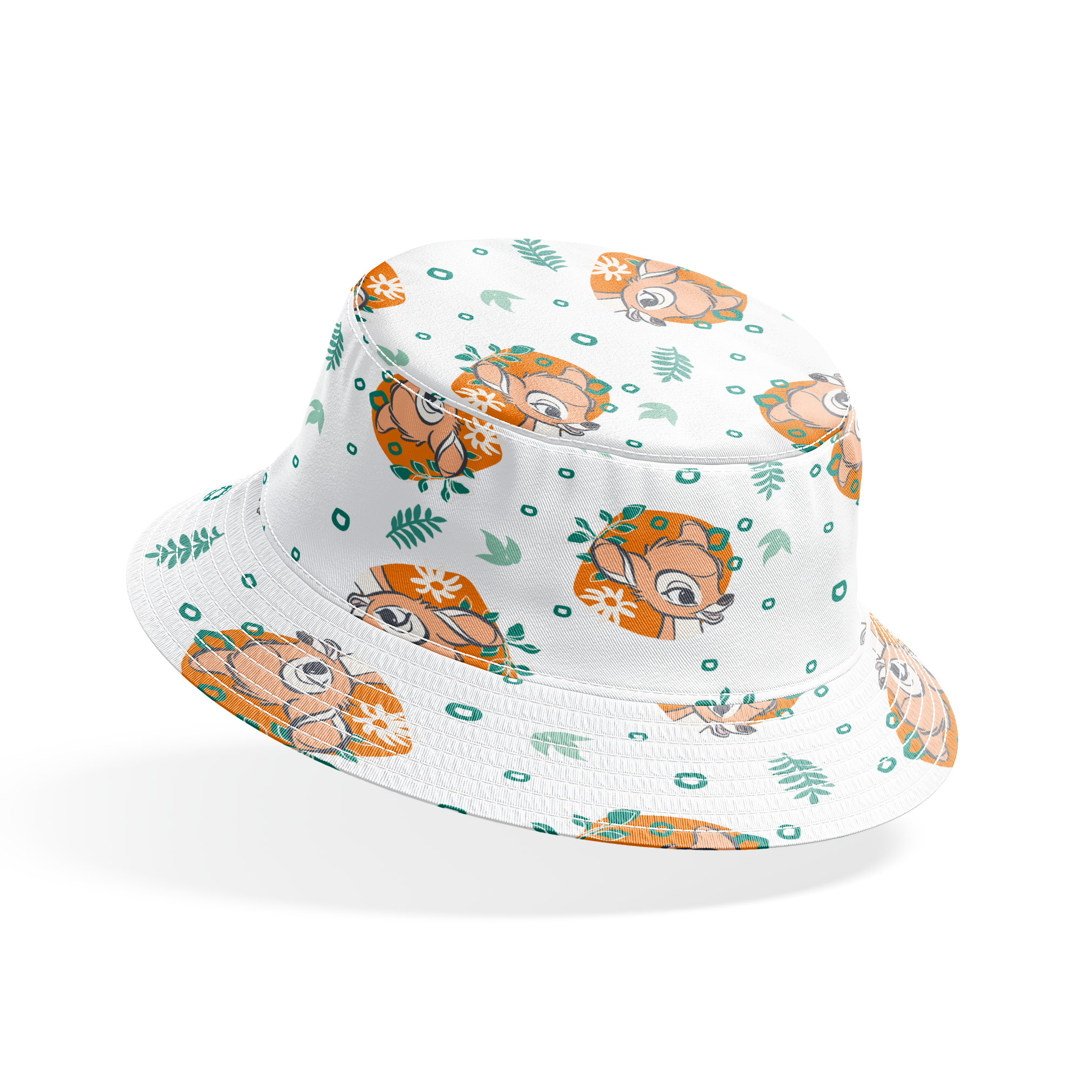 Disney’s Bambi illustrated in golden-orange floral medallions with green leaves and scattered geometric accents on a white background. bucket hat mockup
