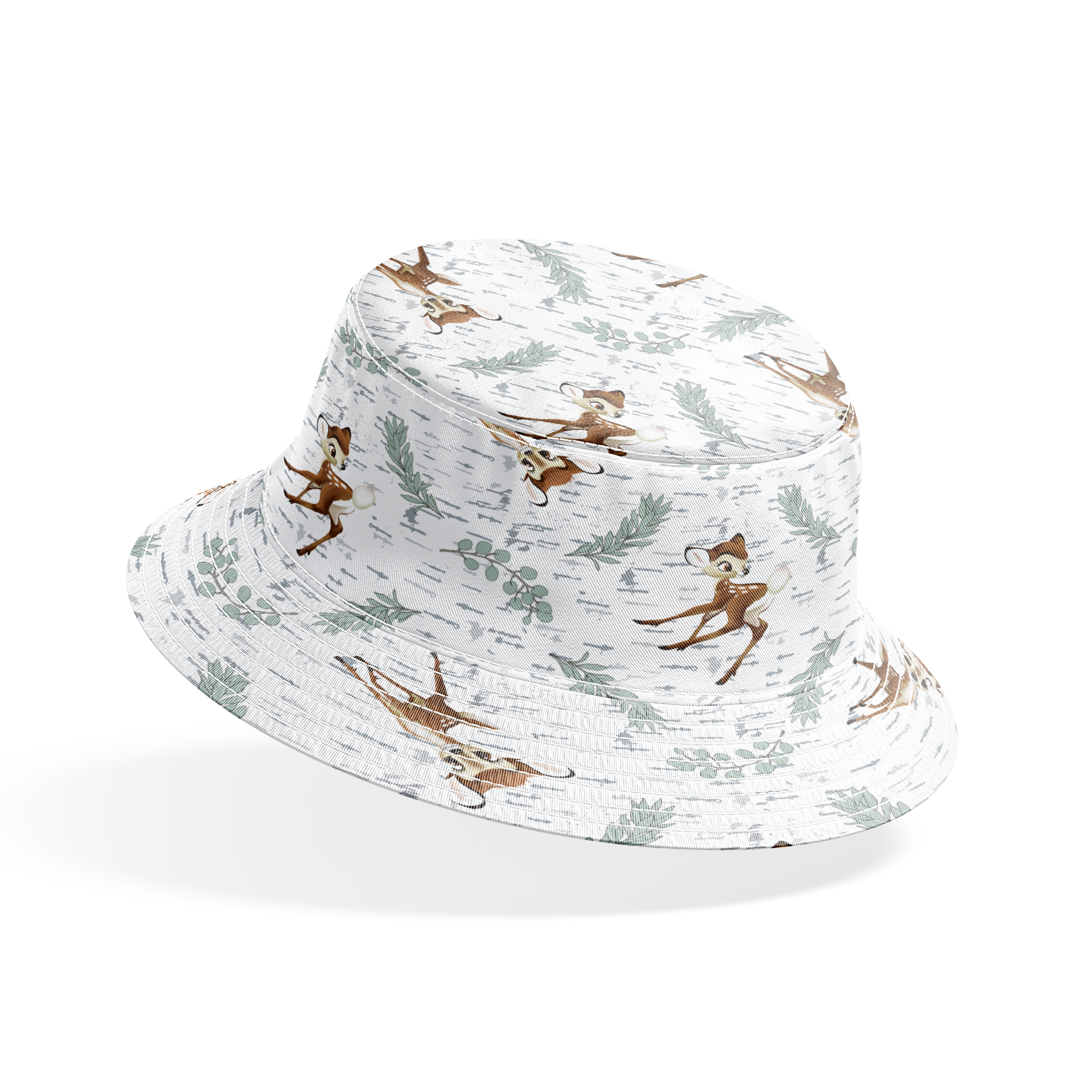 Disney’s Bambi surrounded by sage green sprigs, leafy branches, and birch bark textures on a white background in a woodland-themed scattered repeat. bucket hat mockup