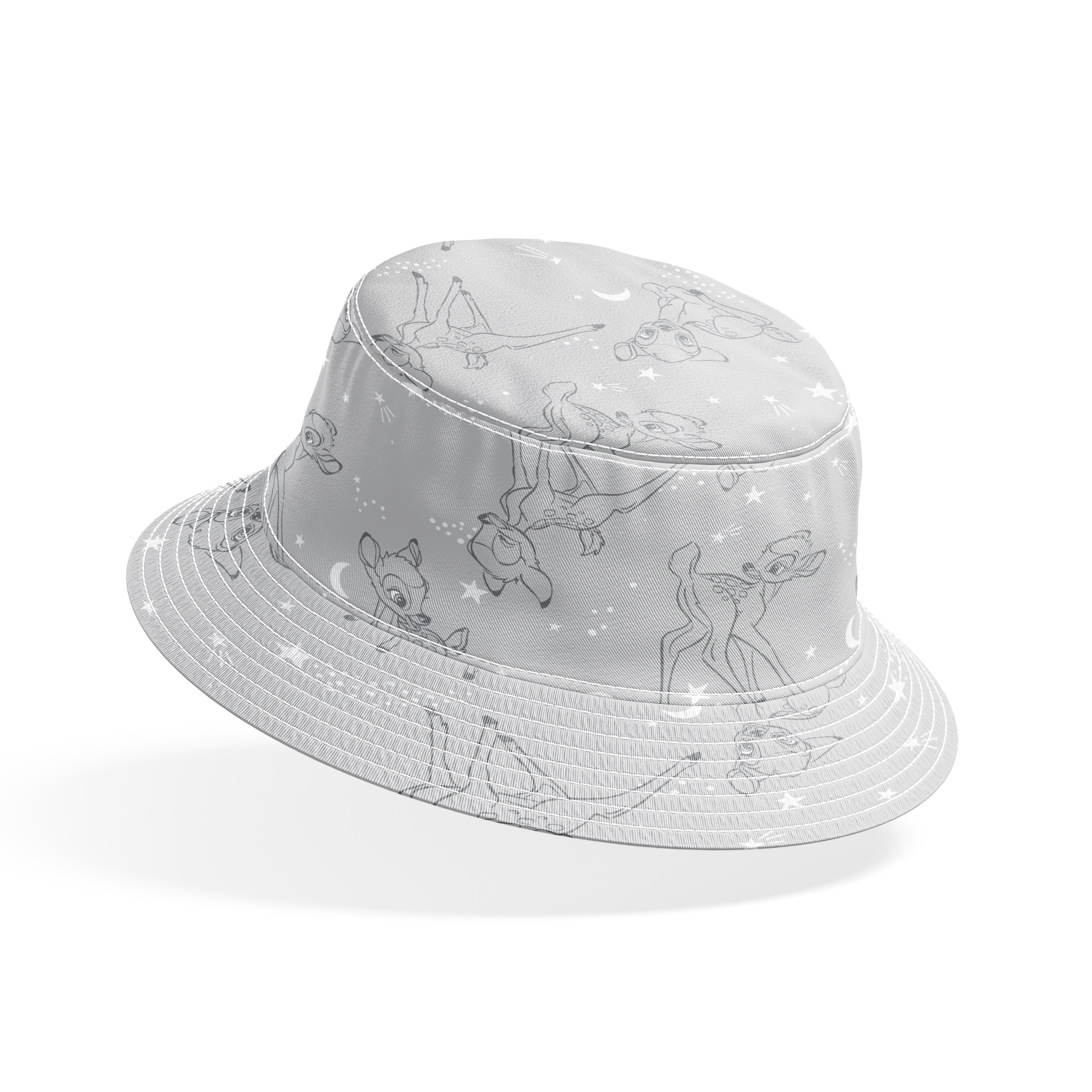 Line art illustrations of Disney’s Bambi surrounded by stars, moons, and stardust trails on a soft gray background in a scattered repeat. bucket hat mockup