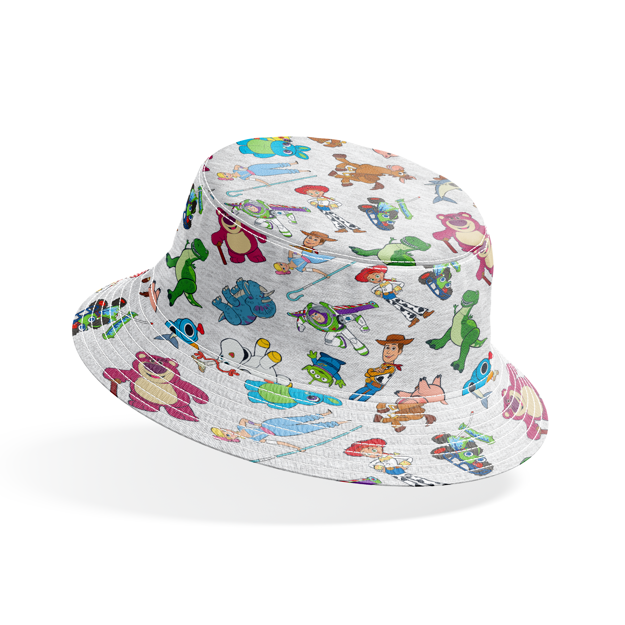 Colorful pattern of various animated Toy Story characters on a light speckled background bucket hat mockup